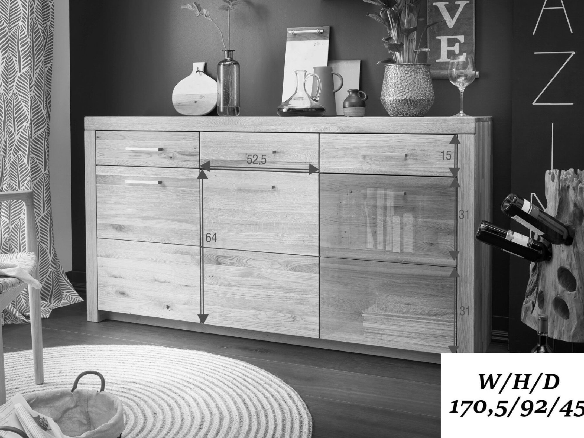 Rysunek z wymiarami komody drewnianej