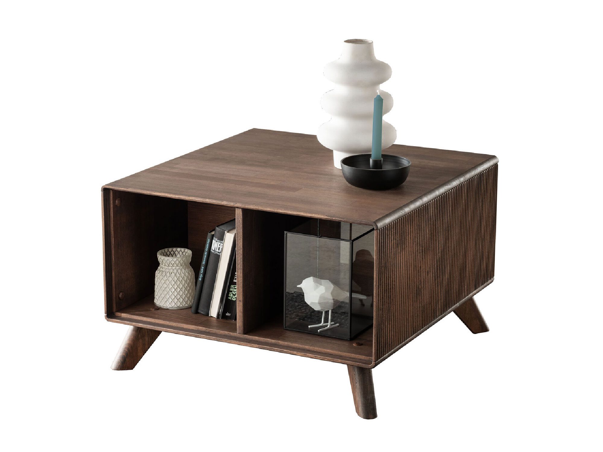 Stolik kawowy w stylu vintage z półką i ciemnym fornirem