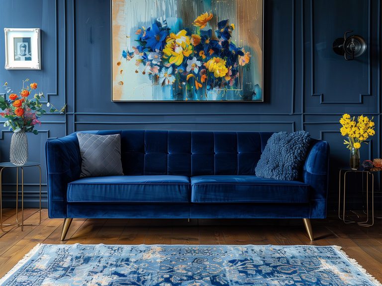 Granatowa sofa do salonu, styl nowoczesny