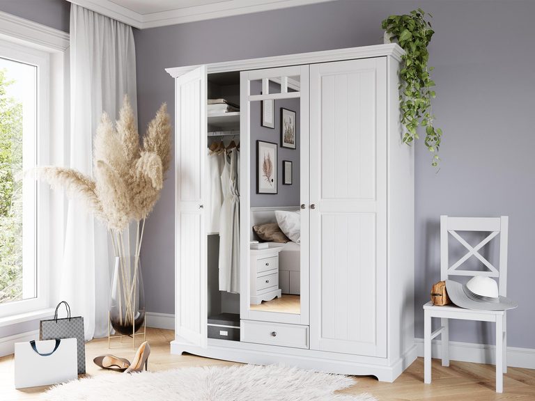 Nowoczesna biała garderoba do sypialni, styl skandynawski