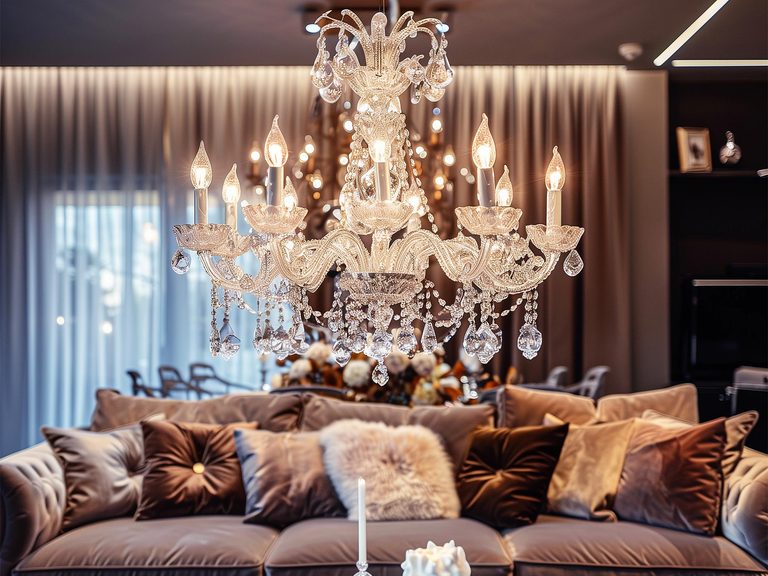 Luksusowy salon z kryształowym żyrandolem, styl glamour