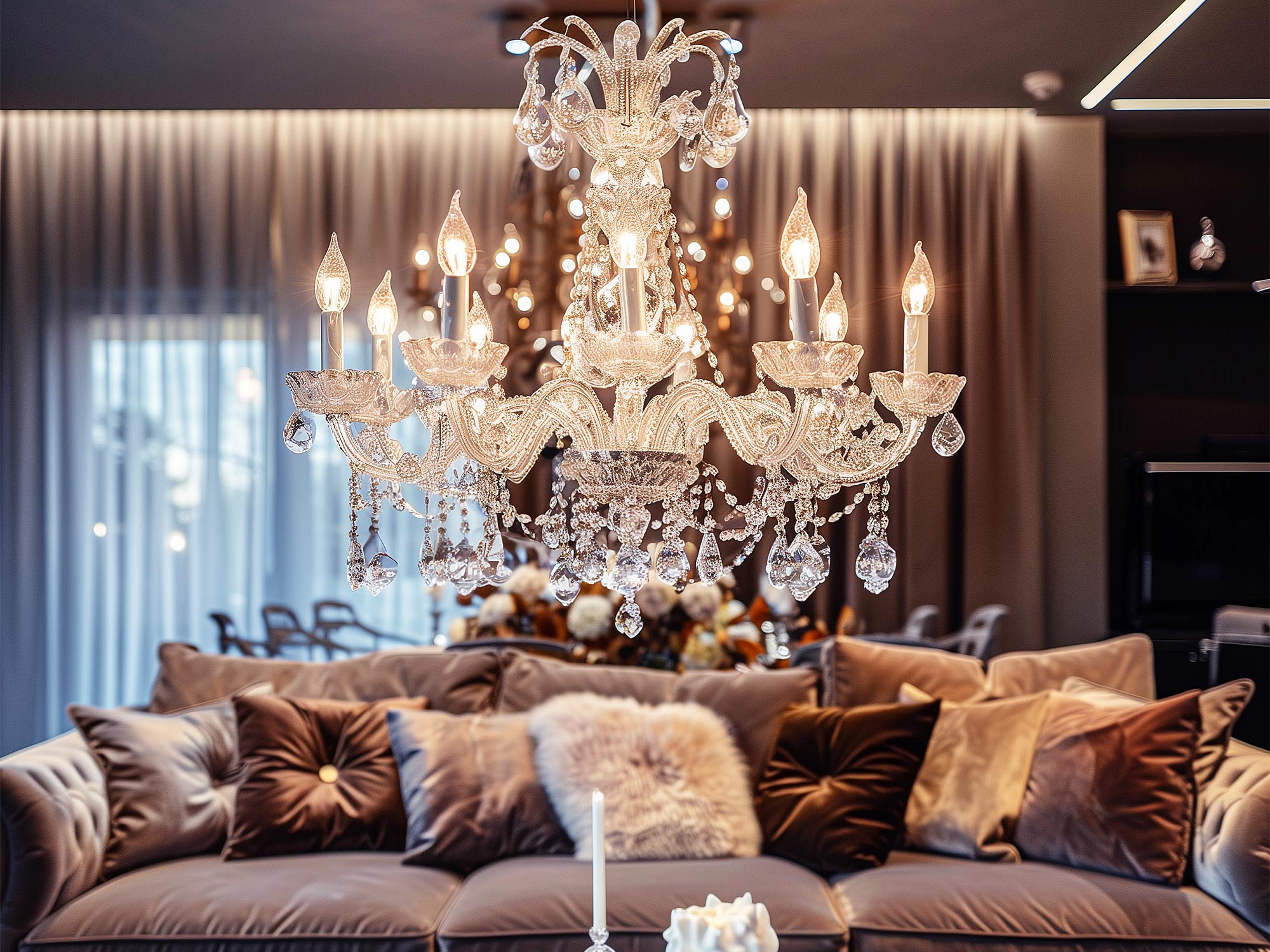 Luxusní obývací pokoj s křišťálovým lustrem, styl glamour