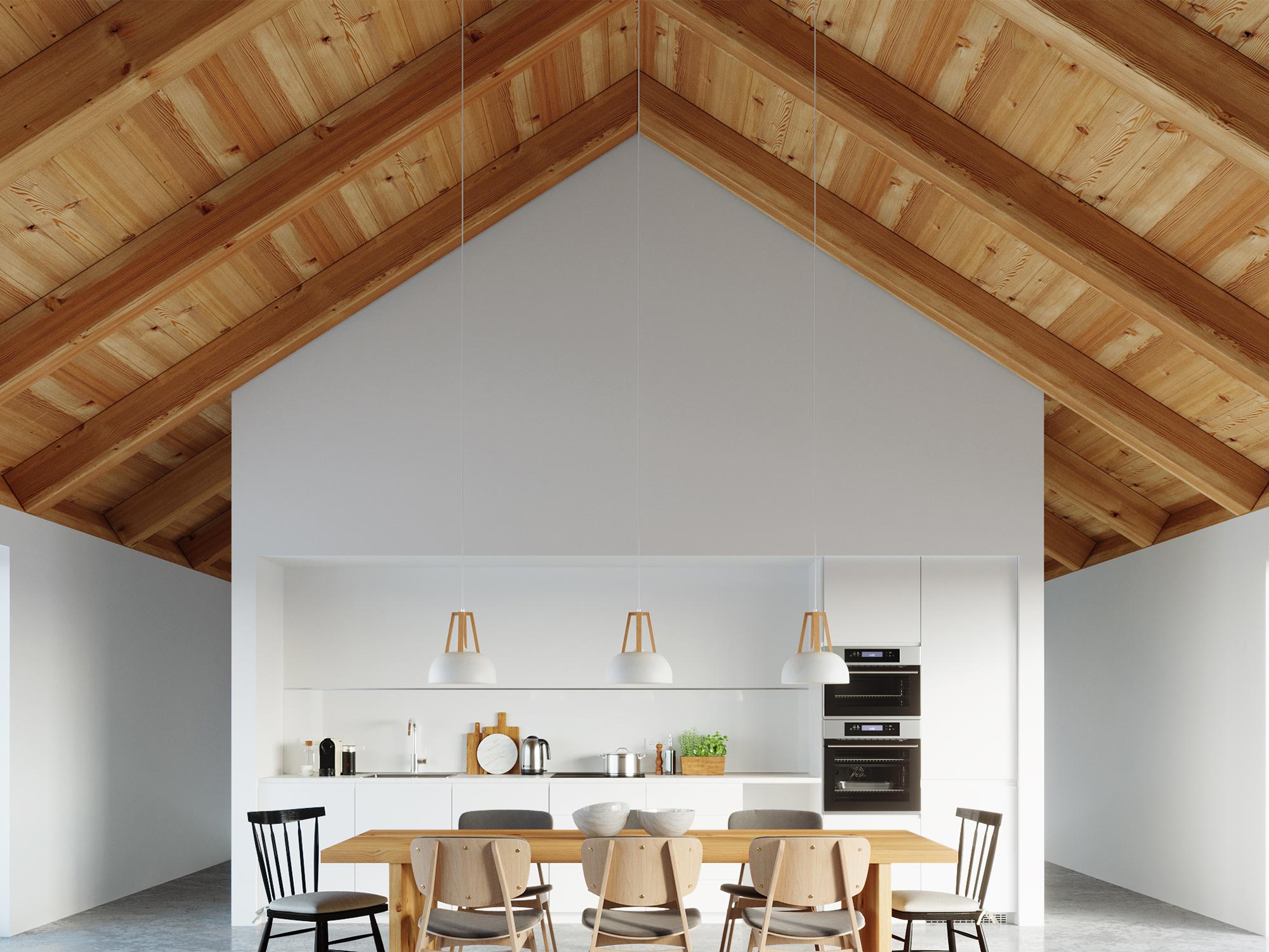 Nowoczesna kuchnia z drewnianym sufitem i białą zabudową