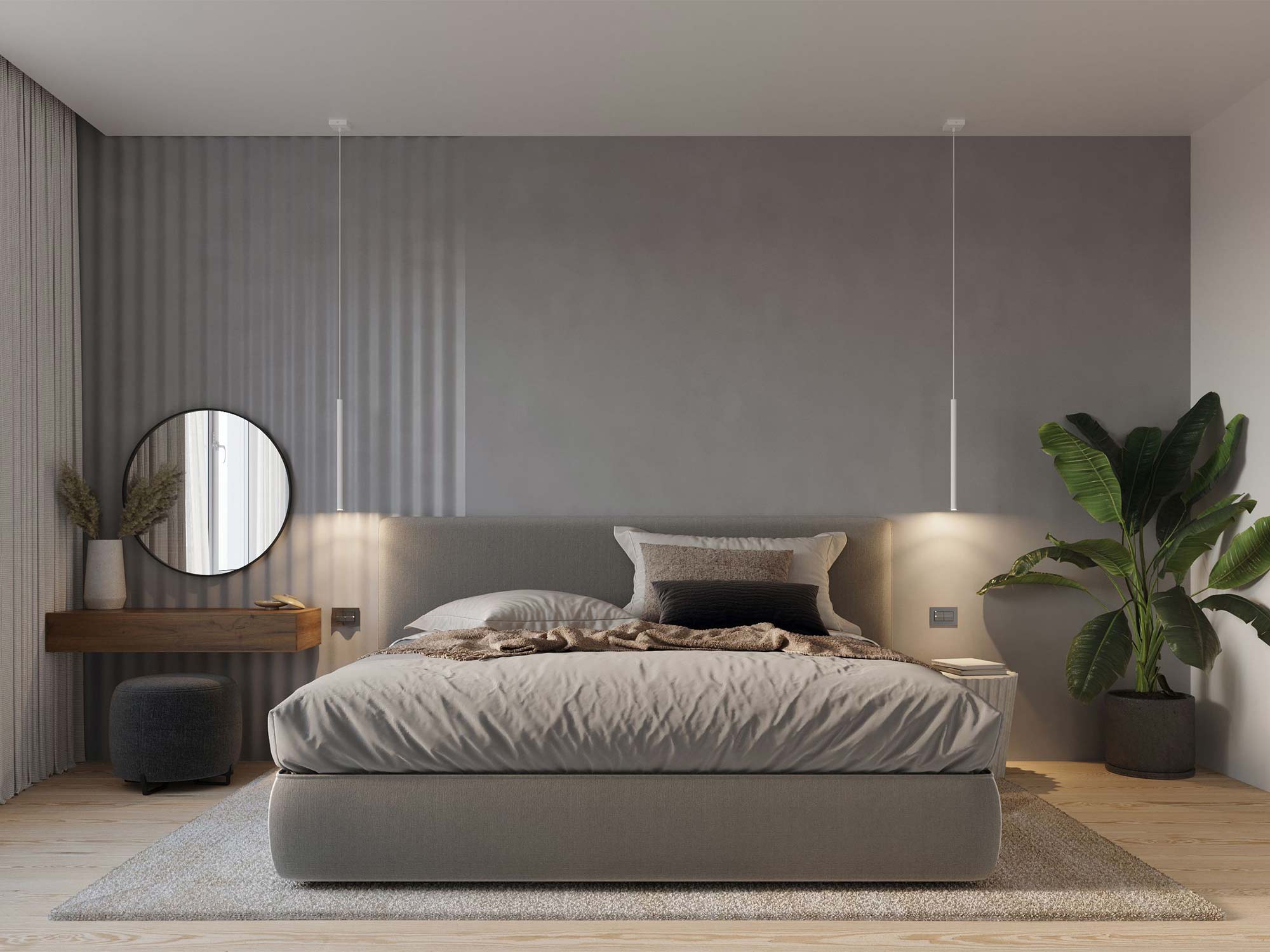 Sypialnia z tapicerowanym łóżkiem i wiszącą lampą w stylu hotelowym