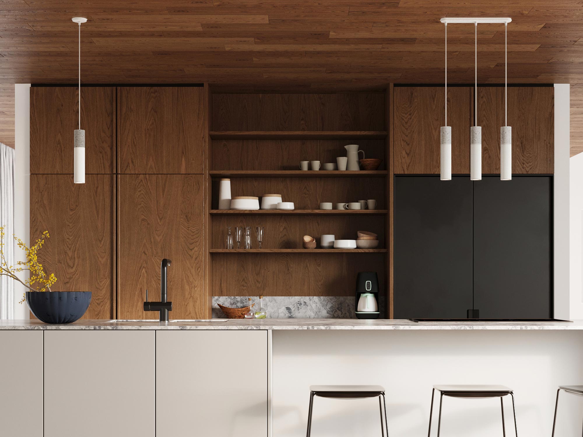 Kuchnia z wyspą i drewnianymi szafkami w nowoczesnym wnętrzu