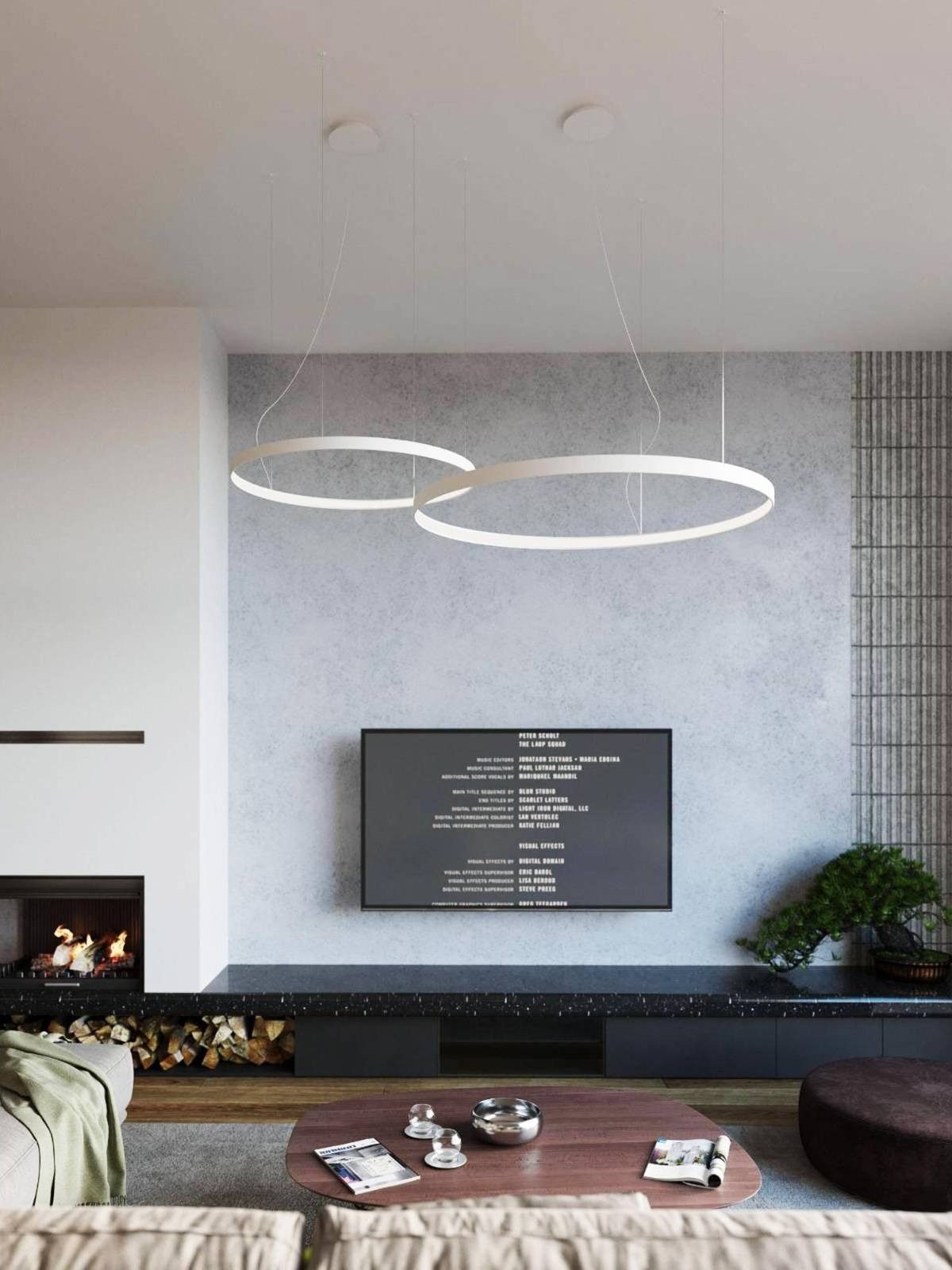 Minimalistyczny salon z wiszącą lampą LED