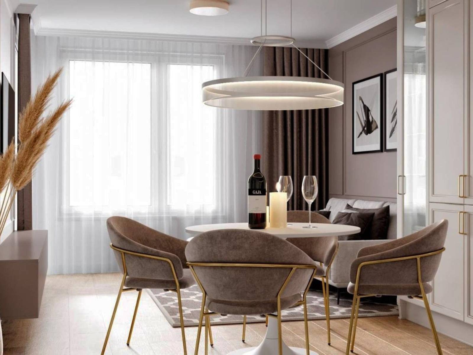 Jadalnia z welurowymi krzesłami i okrągłym stołem w stylu glamour