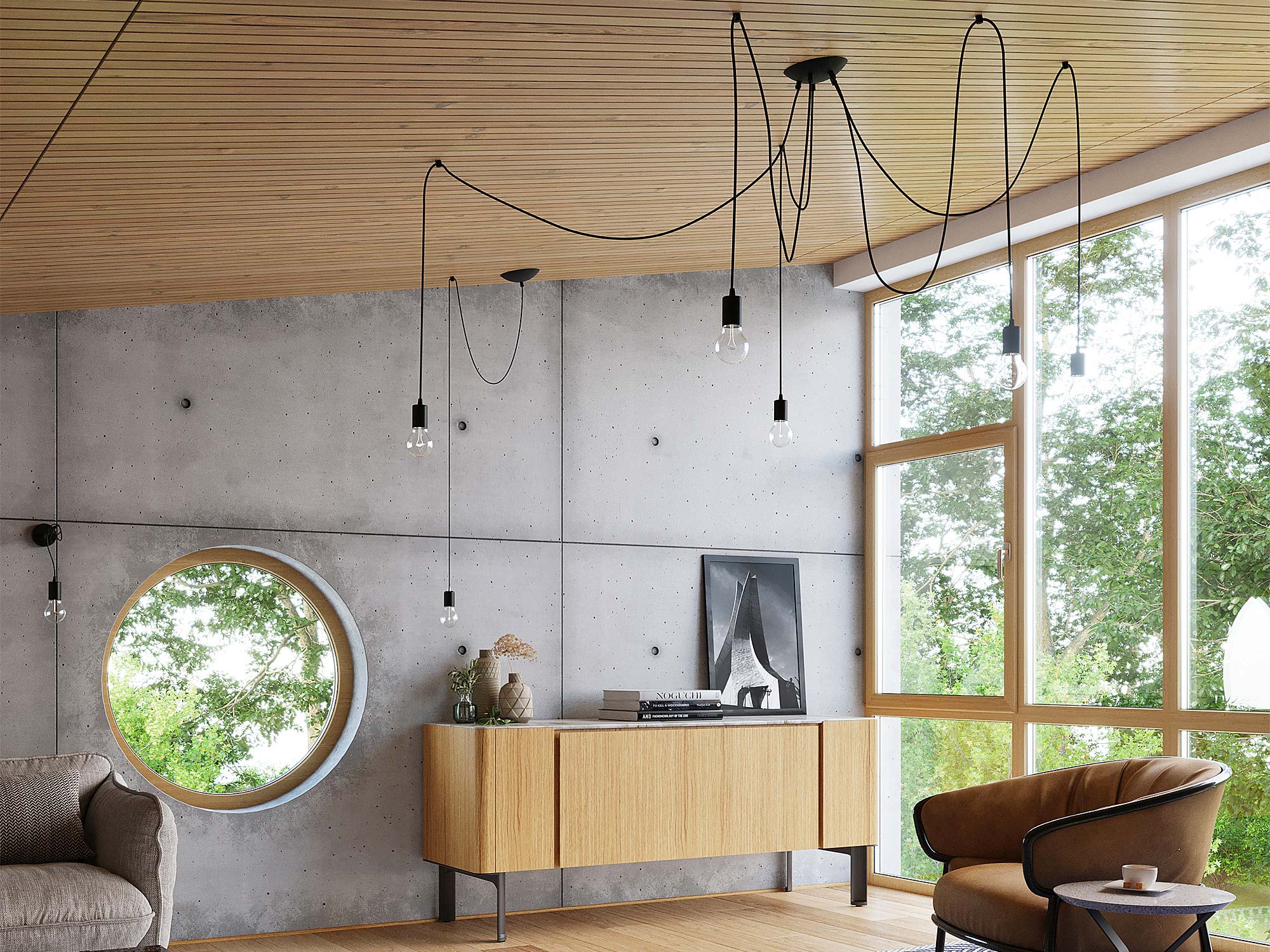 Betonowa ściana z drewnianą komodą Betonowa ściana z drewnianą komodą