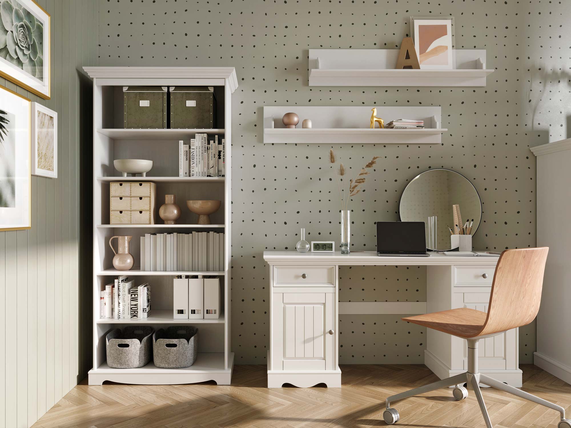 Białe meble z toaletką i regałem w jasnym pokoju