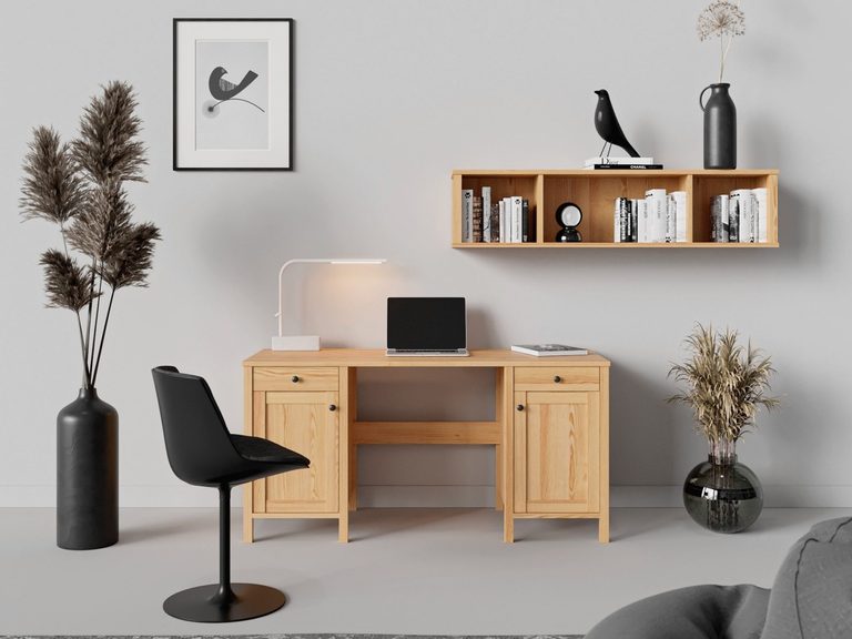 Kompaktowe biurko dębowe z nadstawką w skandynawskim gabinecie