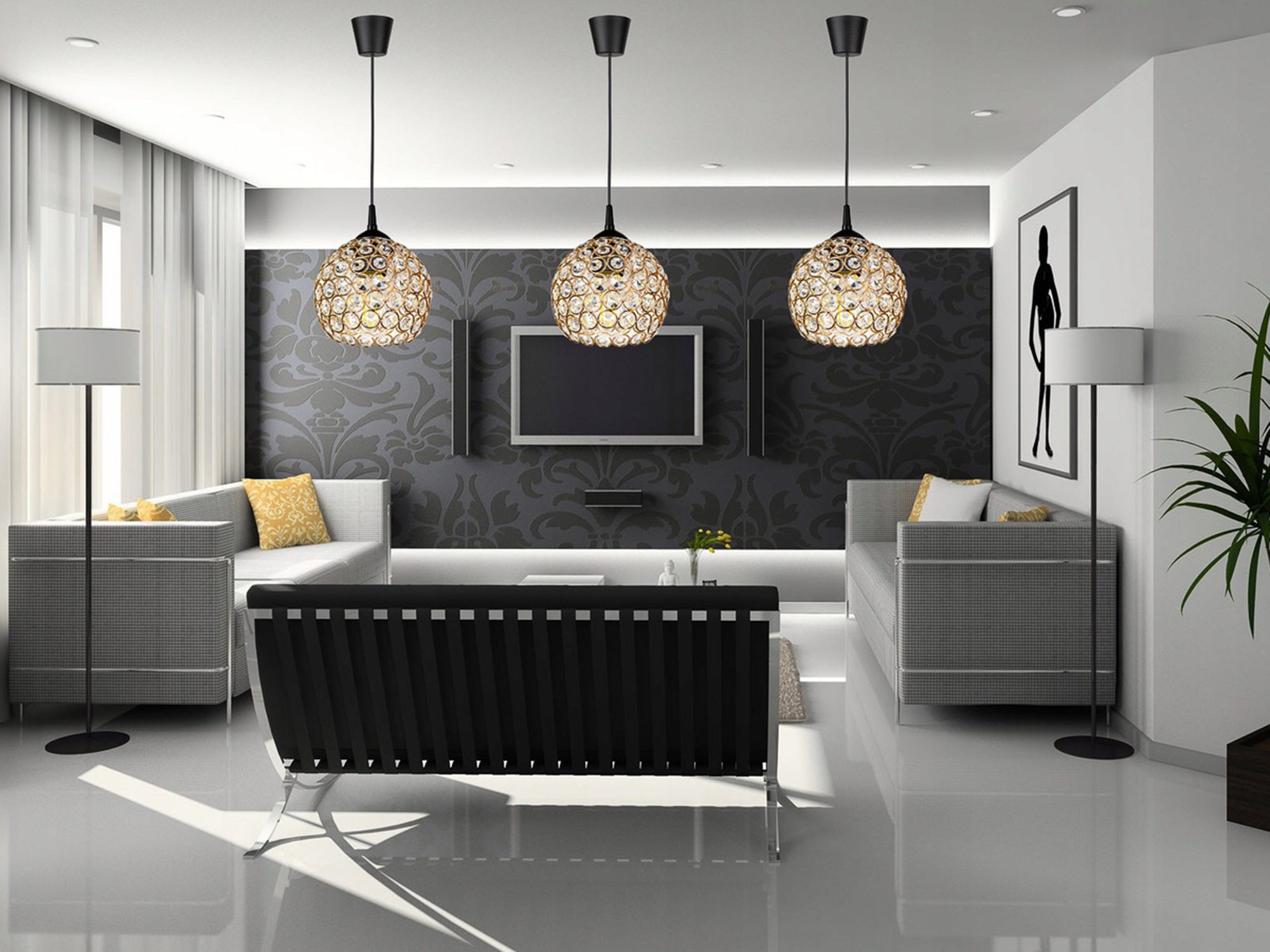 Czarna sofa i stolik w nowoczesnym salonie z industrialnym oświetleniem