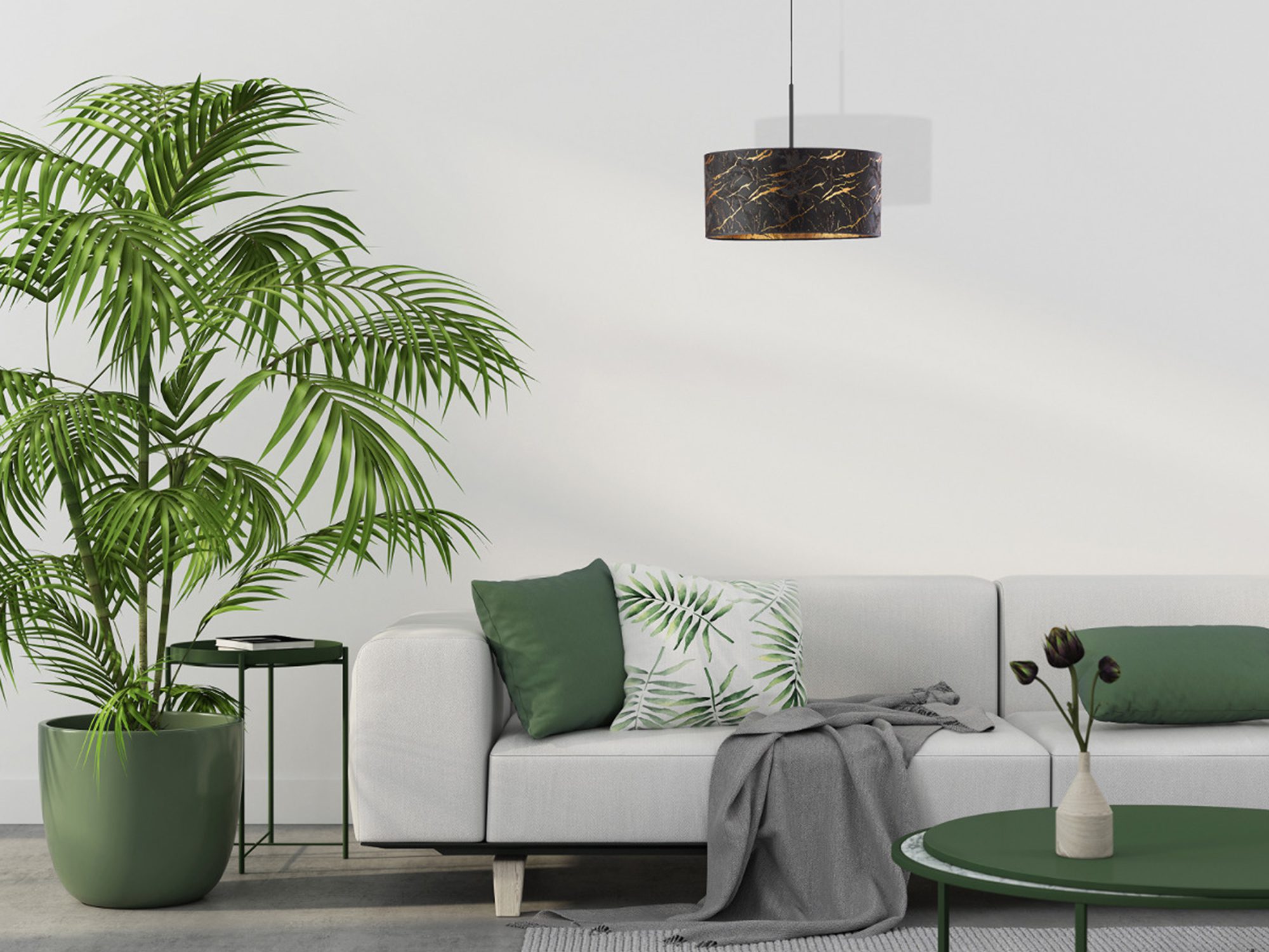 Sofa narożna w stylu skandynawskim z zielonymi dodatkami w salonie