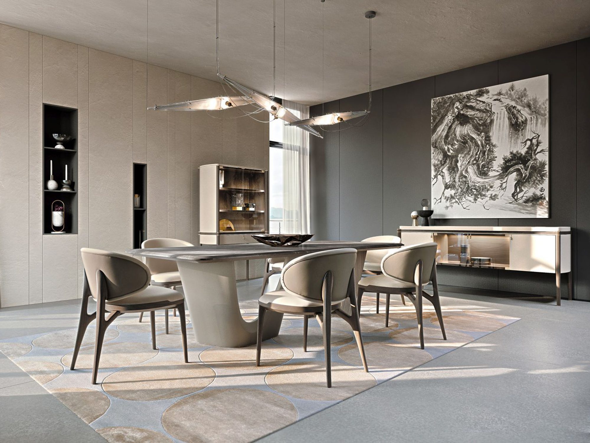 Owalny stół i tapicerowane krzesła w nowoczesnej jadalni glamour Owalny stół i tapicerowane krzesła w nowoczesnej jadalni glamour