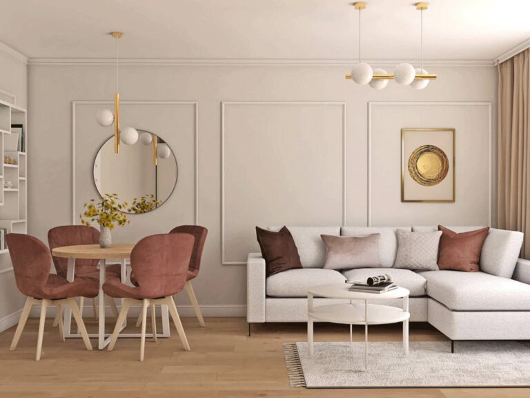 Kulatý stůl a pudrowe židle v elegantním salonie glamour