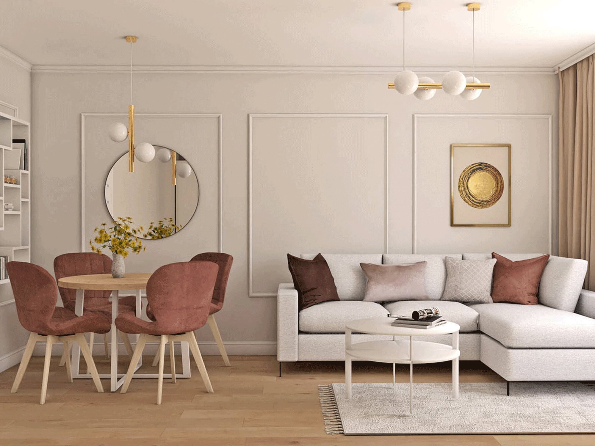 Kulatý stůl a pudrowe židle v elegantním salonie glamour