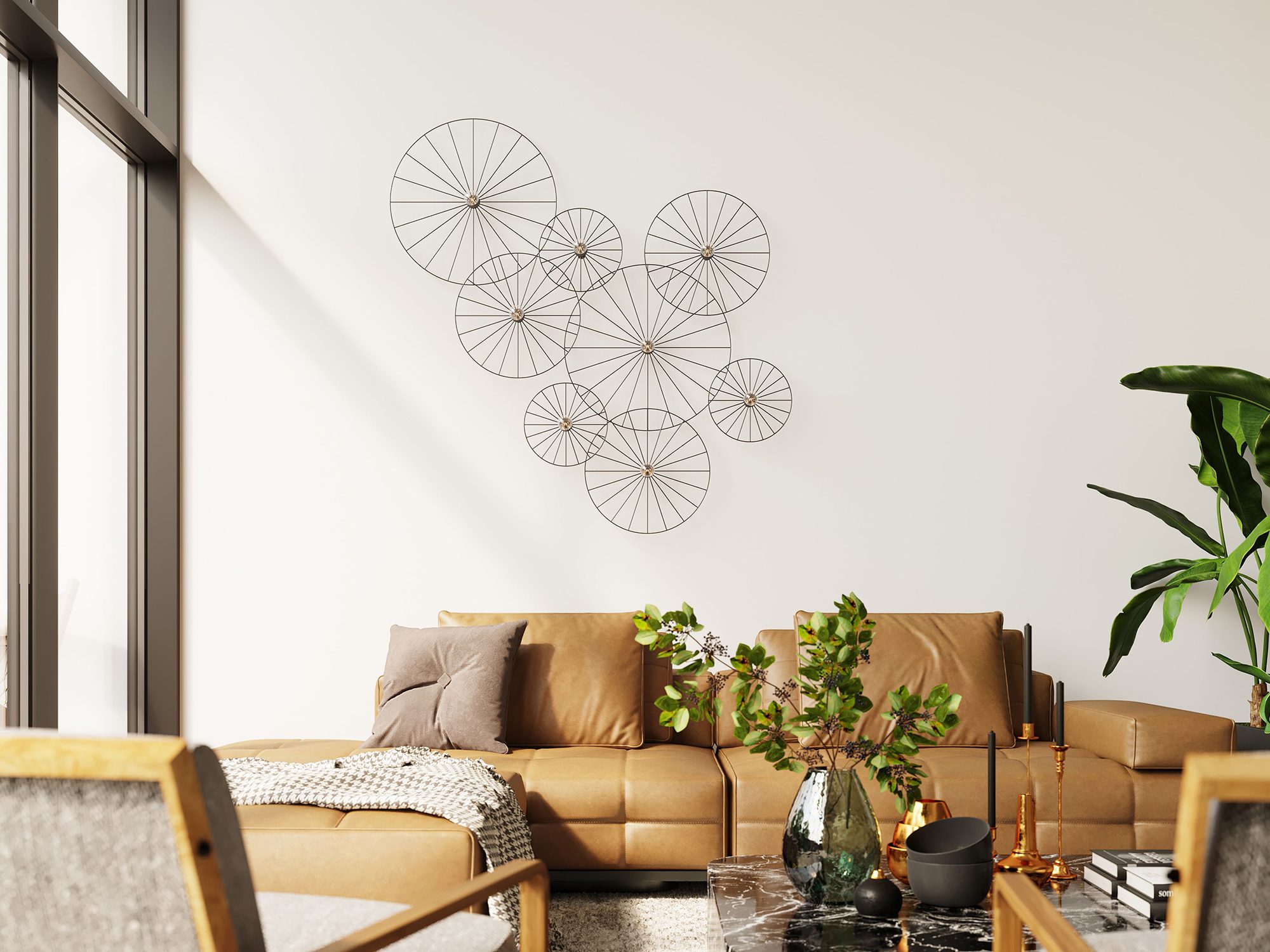 Ścienna dekoracja, metalowe okręgi, nowoczesny styl do salonu