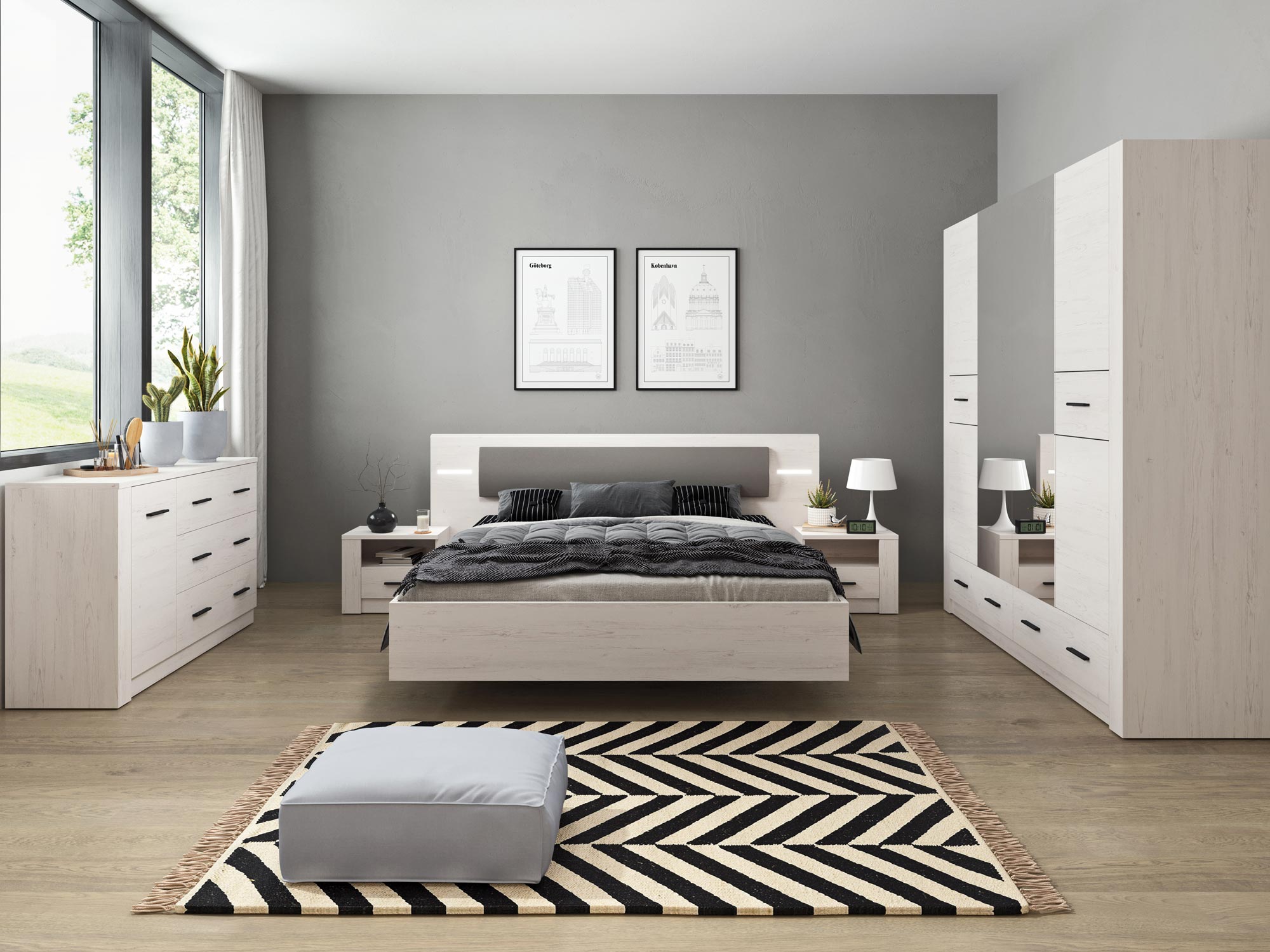 Nowoczesne meble do sypialni, styl minimalistyczny, jasne wykończenie