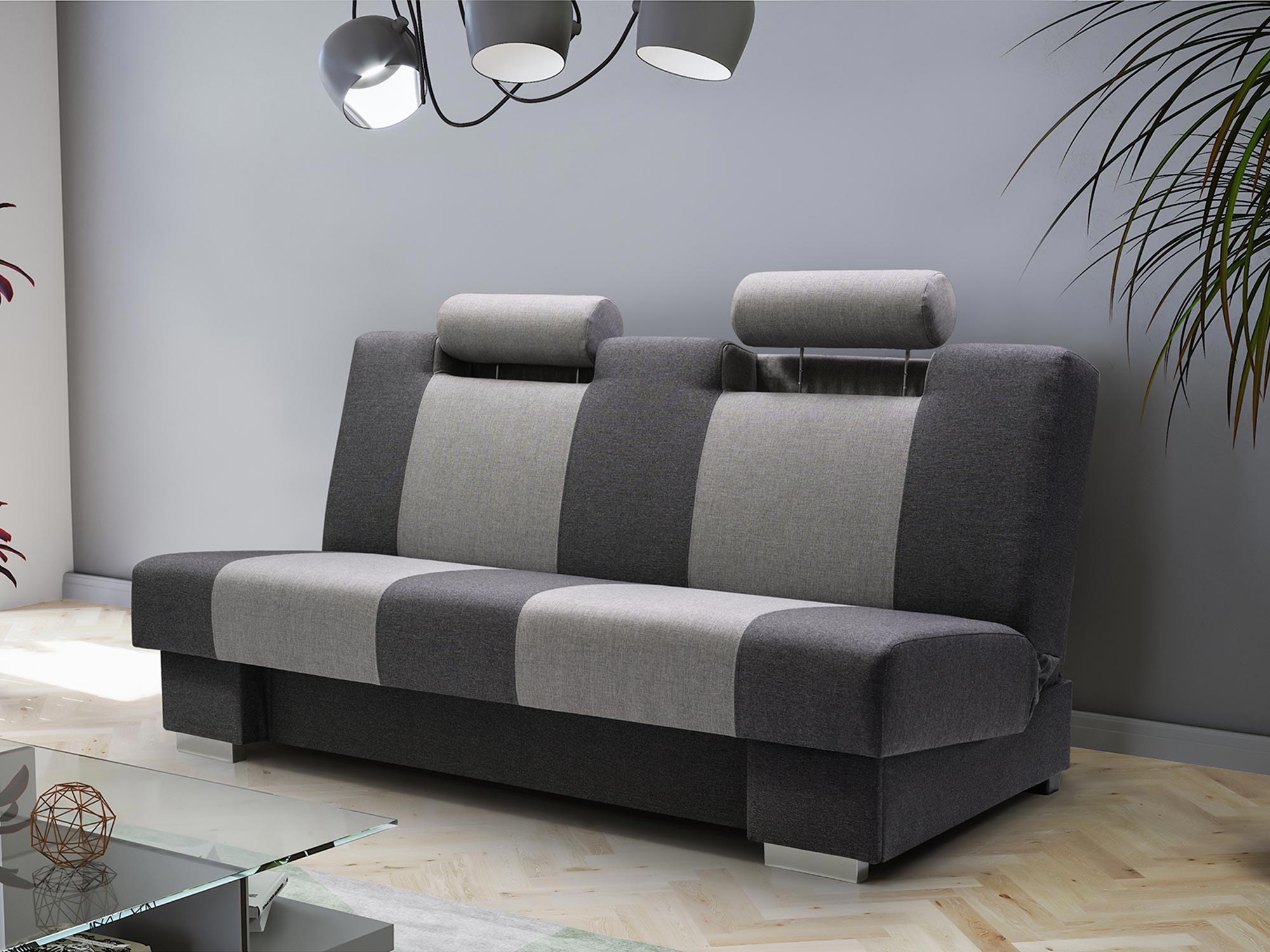 Sofa tapicerowana w pastelowym błękicie, skandynawski styl do salonu