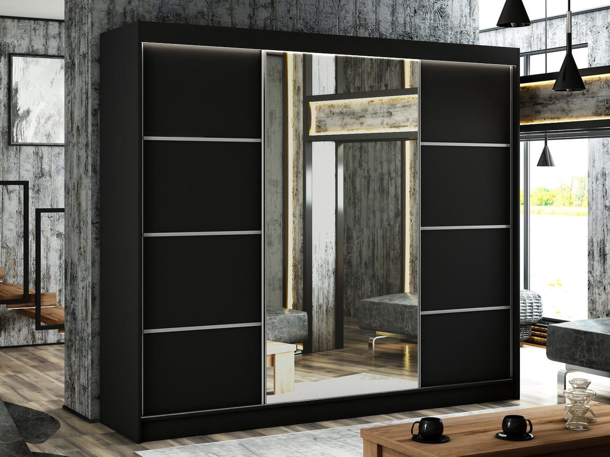 Nowoczesna szafa z czarnymi frontami, minimalistyczny styl do sypialni