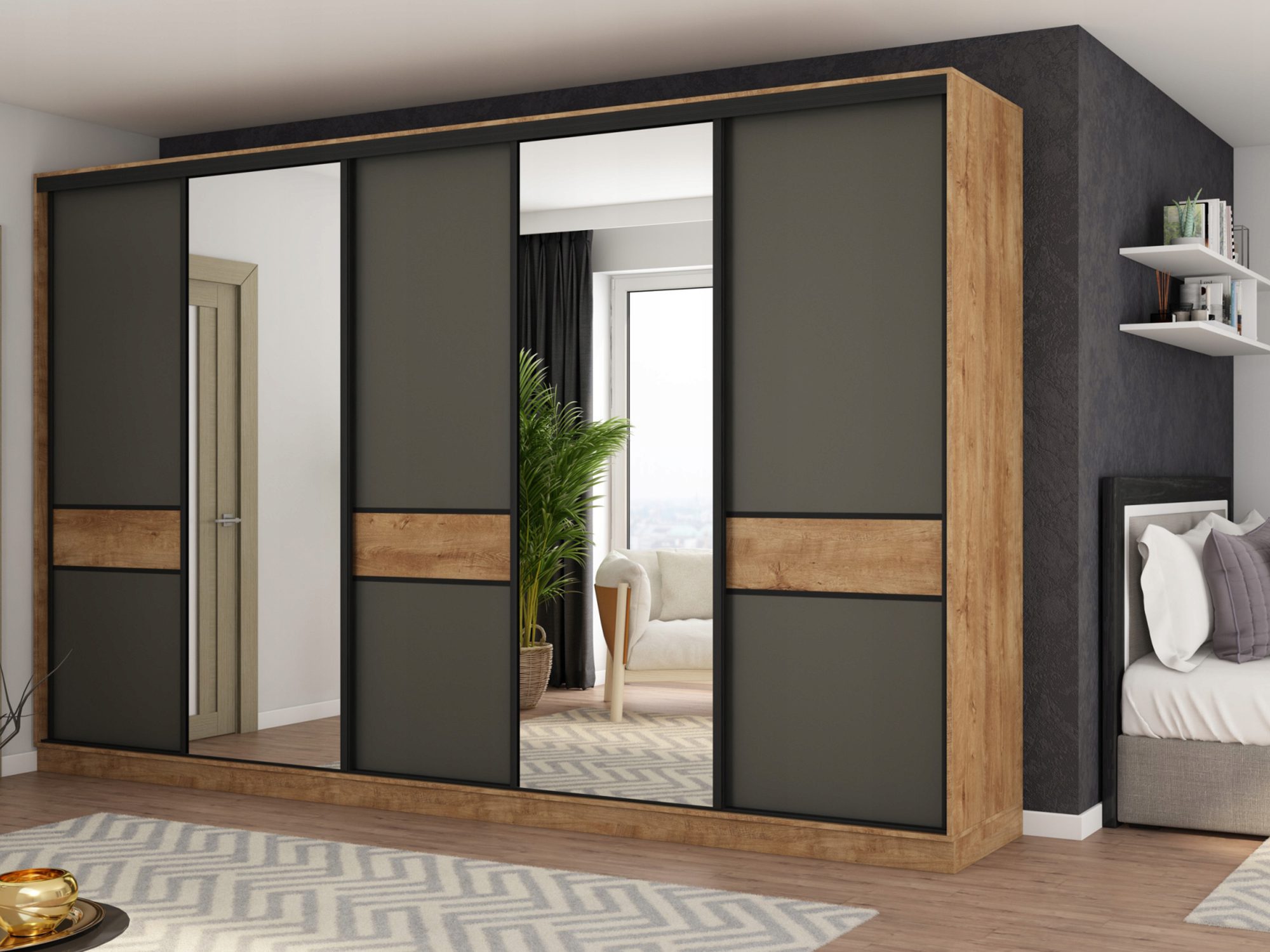 Szafa przesuwna z drewnianymi akcentami, nowoczesny styl do sypialni