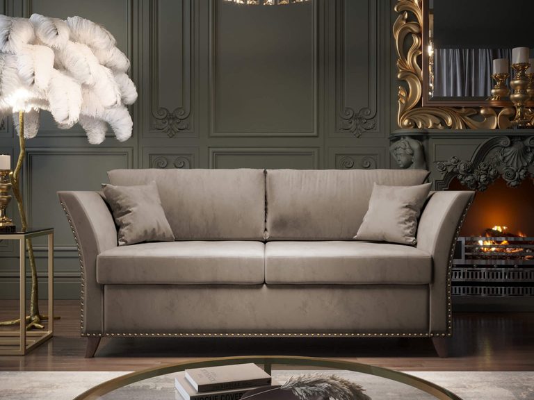 Klasyczna sofa z ozdobnymi guzikami, styl glamour do salonu