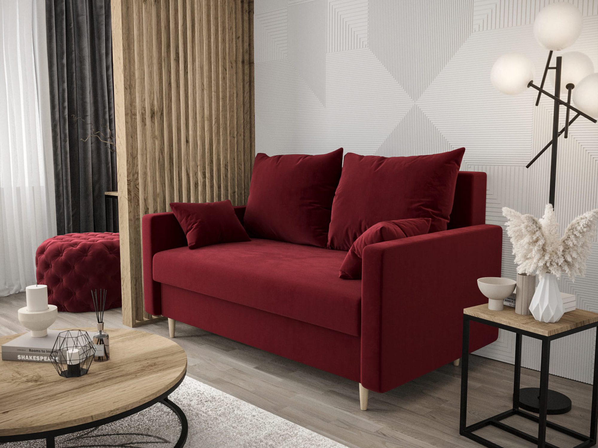 Sofa tapicerowana w bordowym kolorze, elegancki styl do salonu Sofa tapicerowana w bordowym kolorze, elegancki styl do salonu
