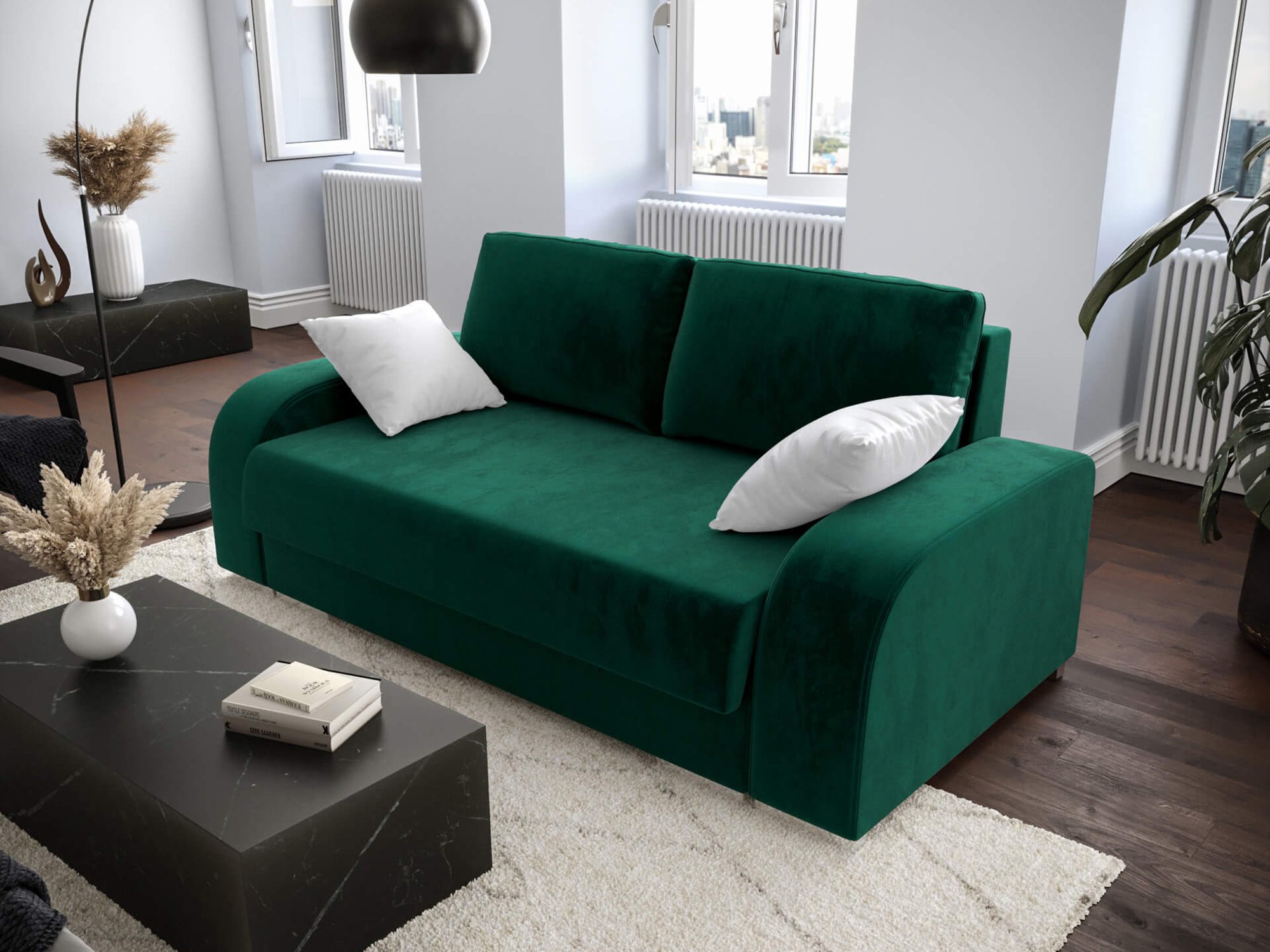 Wygodna sofa w odcieniu butelkowej zieleni, nowoczesny design Wygodna sofa w odcieniu butelkowej zieleni, nowoczesny design