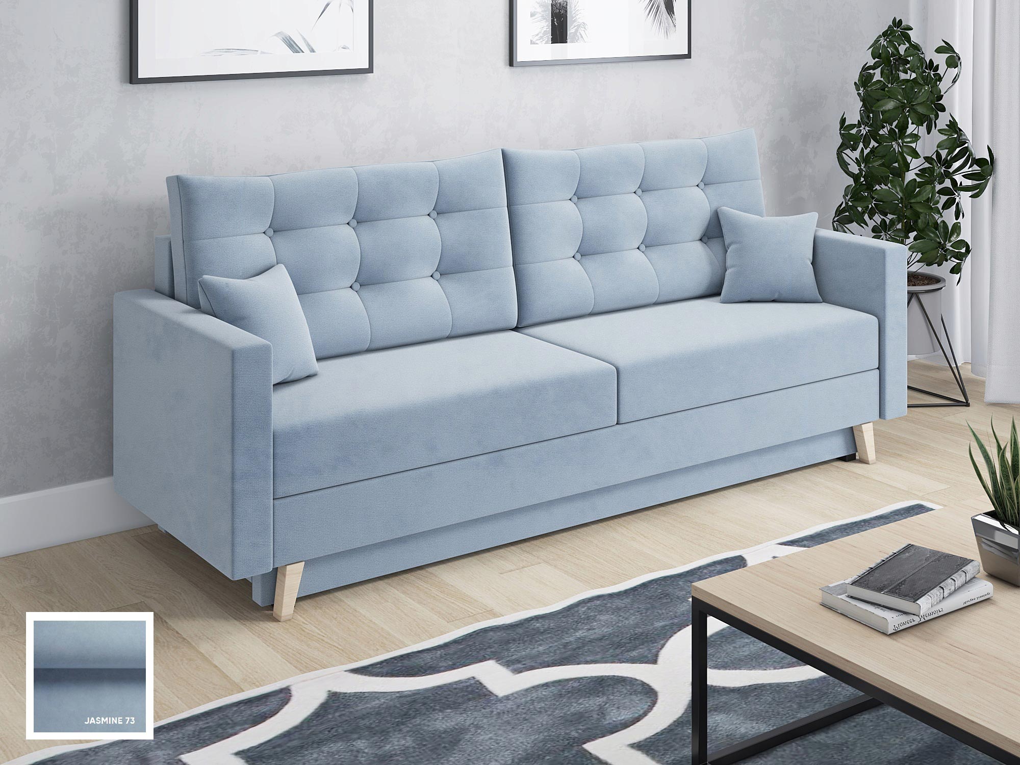 Sofa tapicerowana w pastelowym błękicie, skandynawski styl do salonu