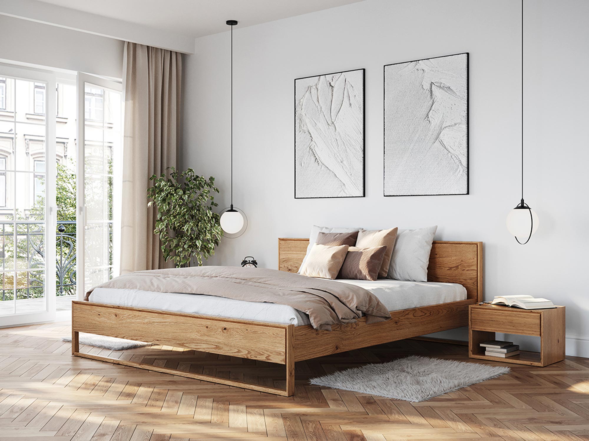 Drewniane łóżko z białą pościelą i ciemną ramą, styl industrialny