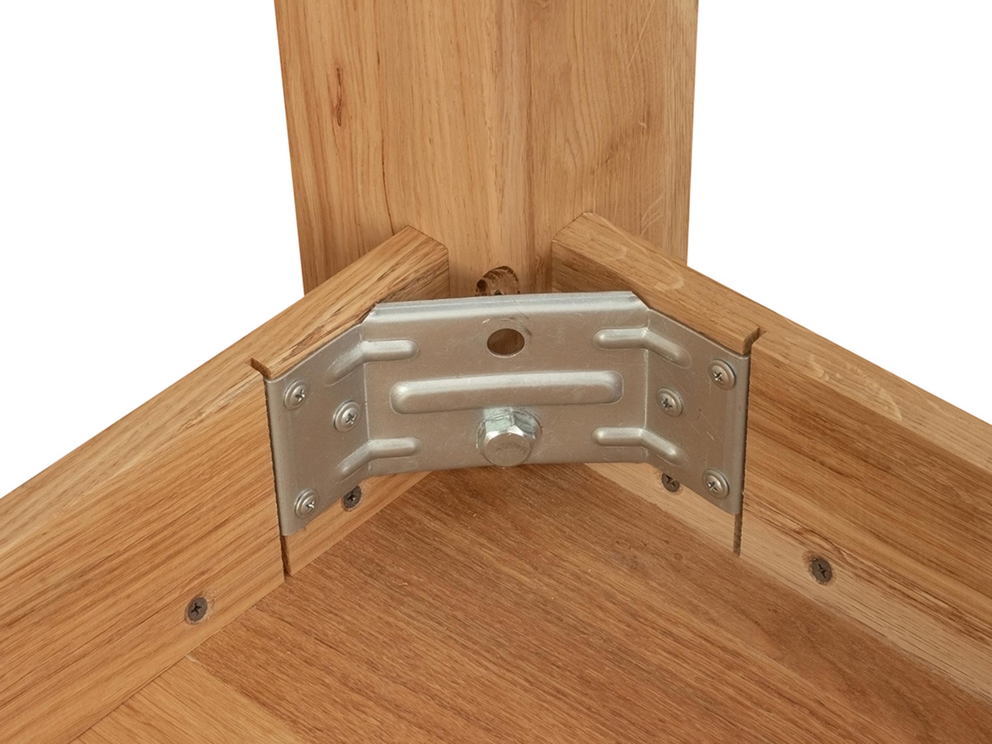 Metalowe mocowanie nóg w stole z litego drewna dębowego