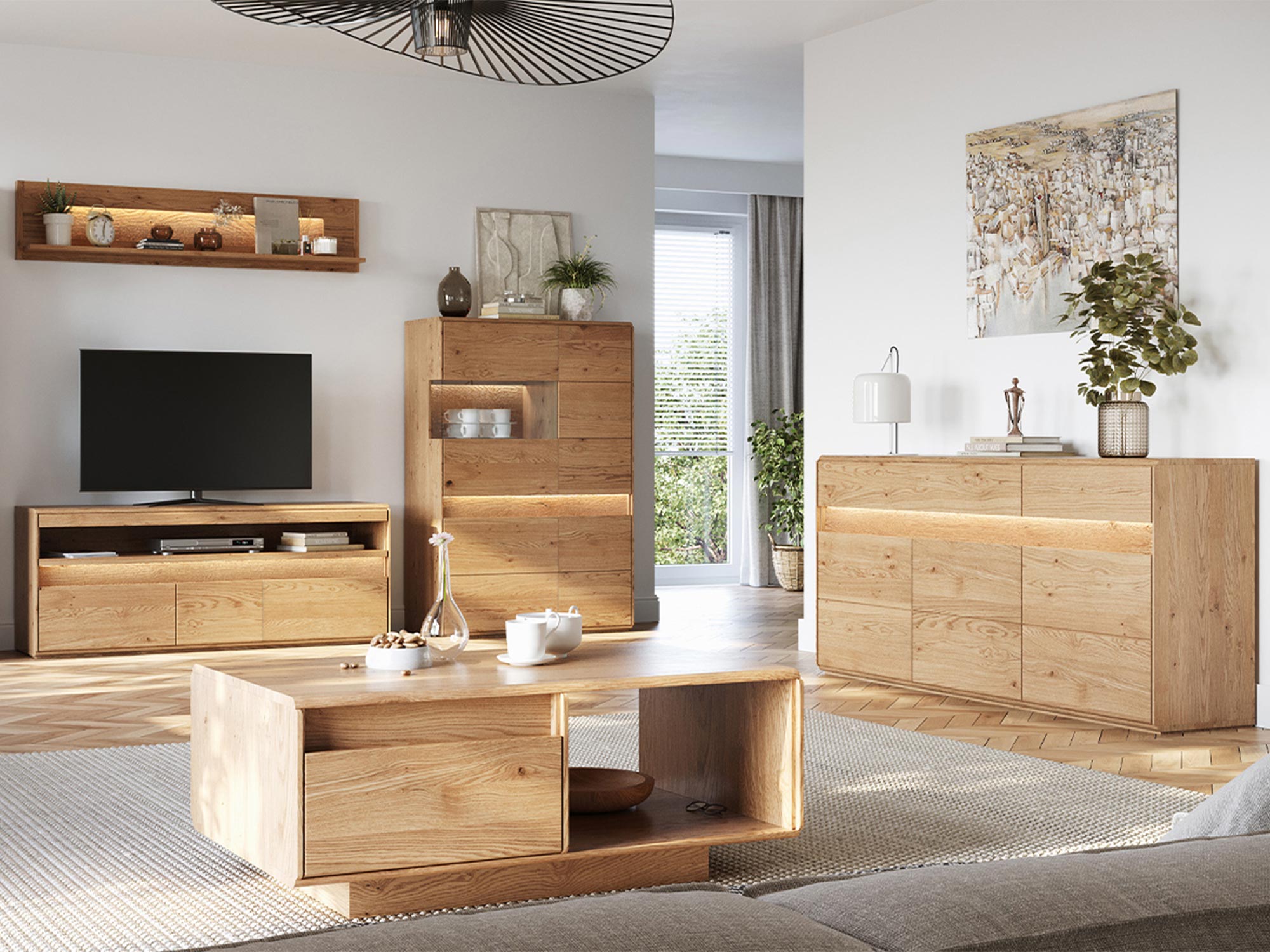 Pokój dzienny z drewnianą komodą i witryną w stylu loftowym