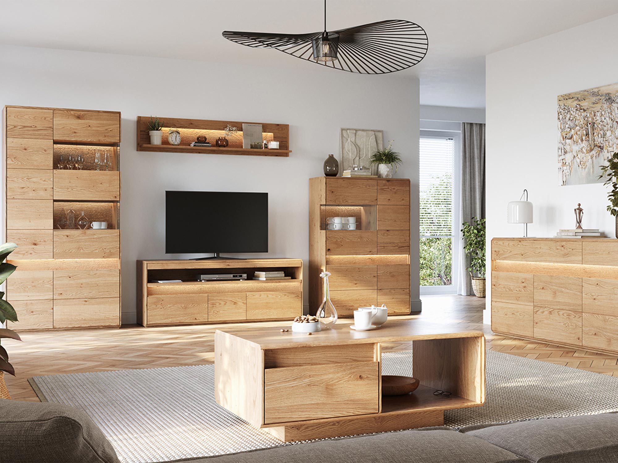 Aranżacja salonu z meblami z naturalnego drewna dębowego