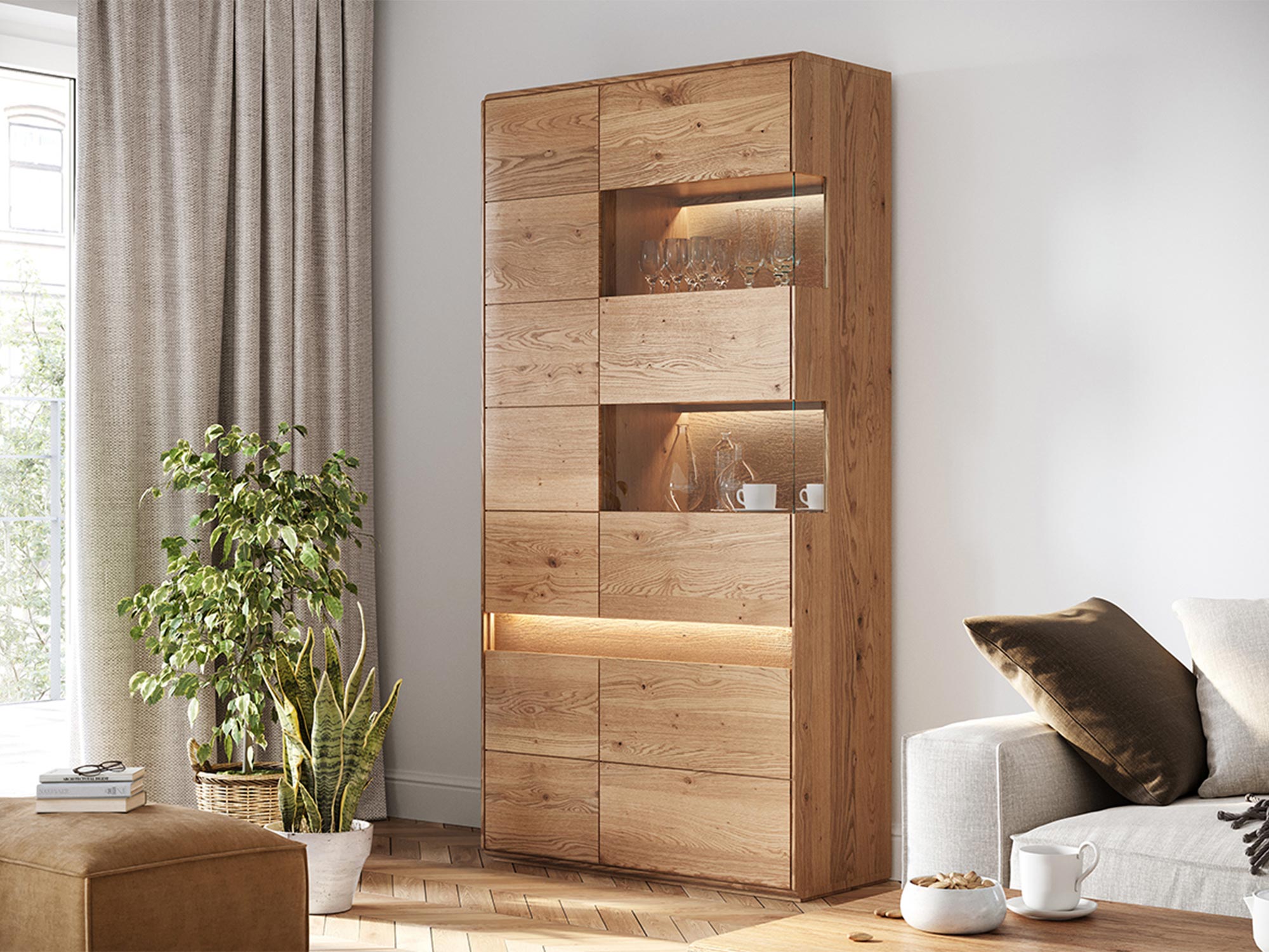 Dębowa witryna z przeszkleniem i oświetleniem LED