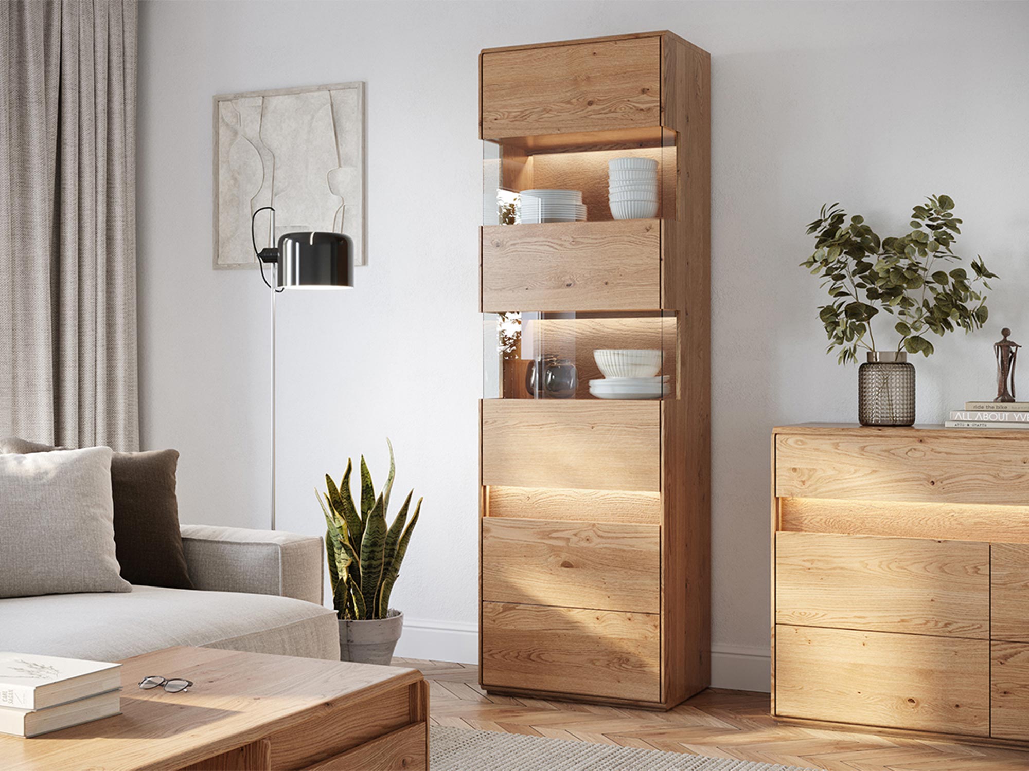 Zestaw mebli do salonu z dębu z półkami i komodą