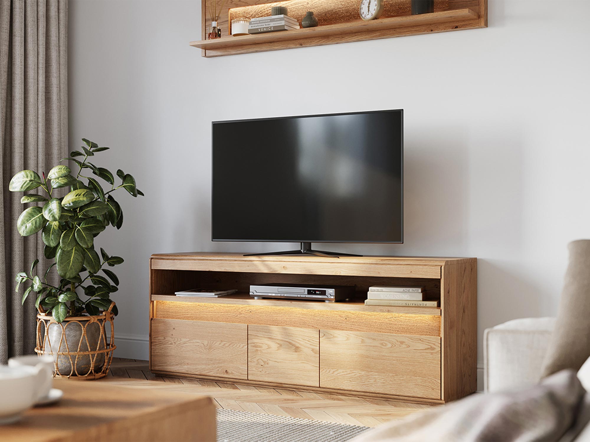 Nowoczesna szafka RTV z dębu z półką pod telewizor