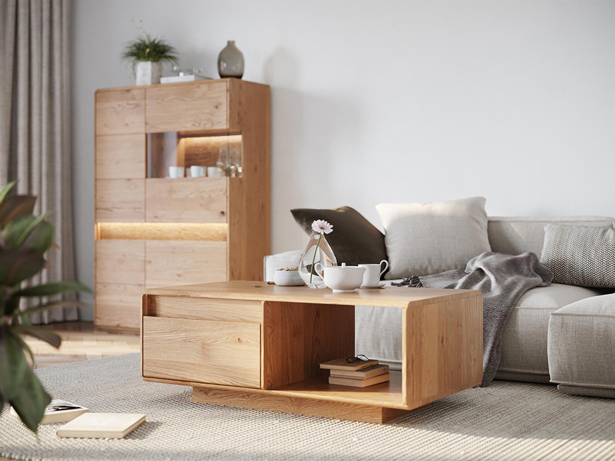 Pokój dzienny z komodą i stolikiem kawowym z litego dębu