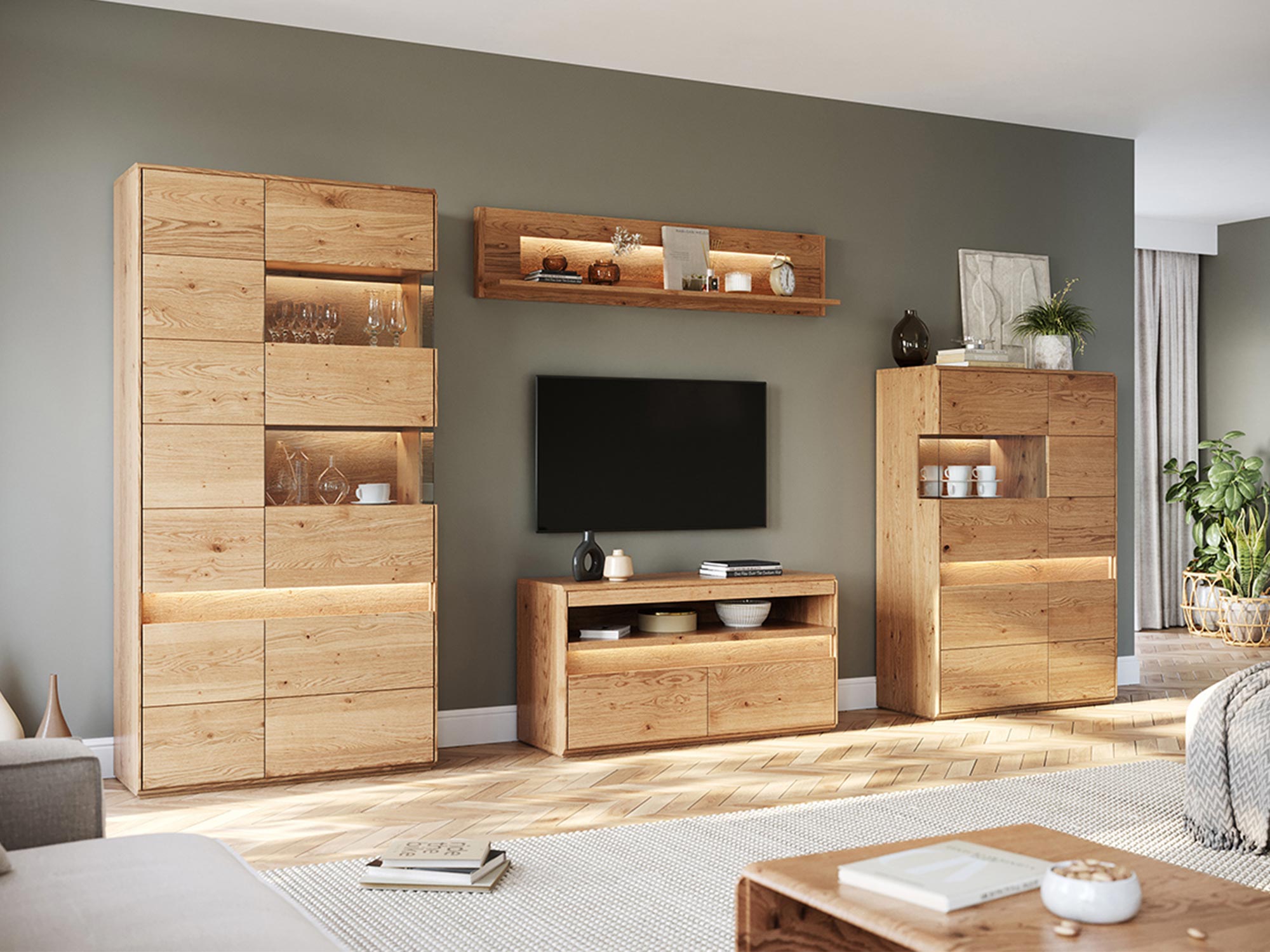 Zestaw mebli dębowych do nowoczesnego pokoju dziennego