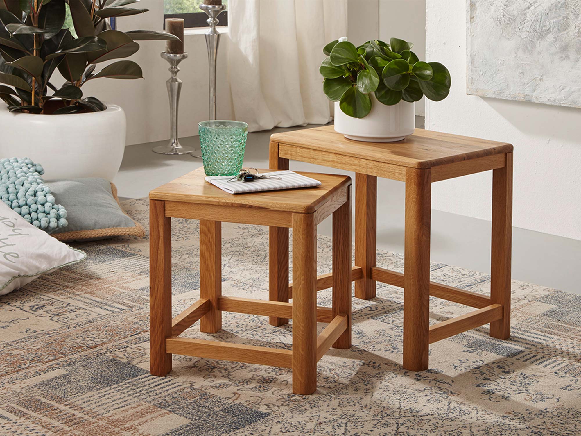 Aranżacja z dwoma stolikami z drewna dębowego i rośliną