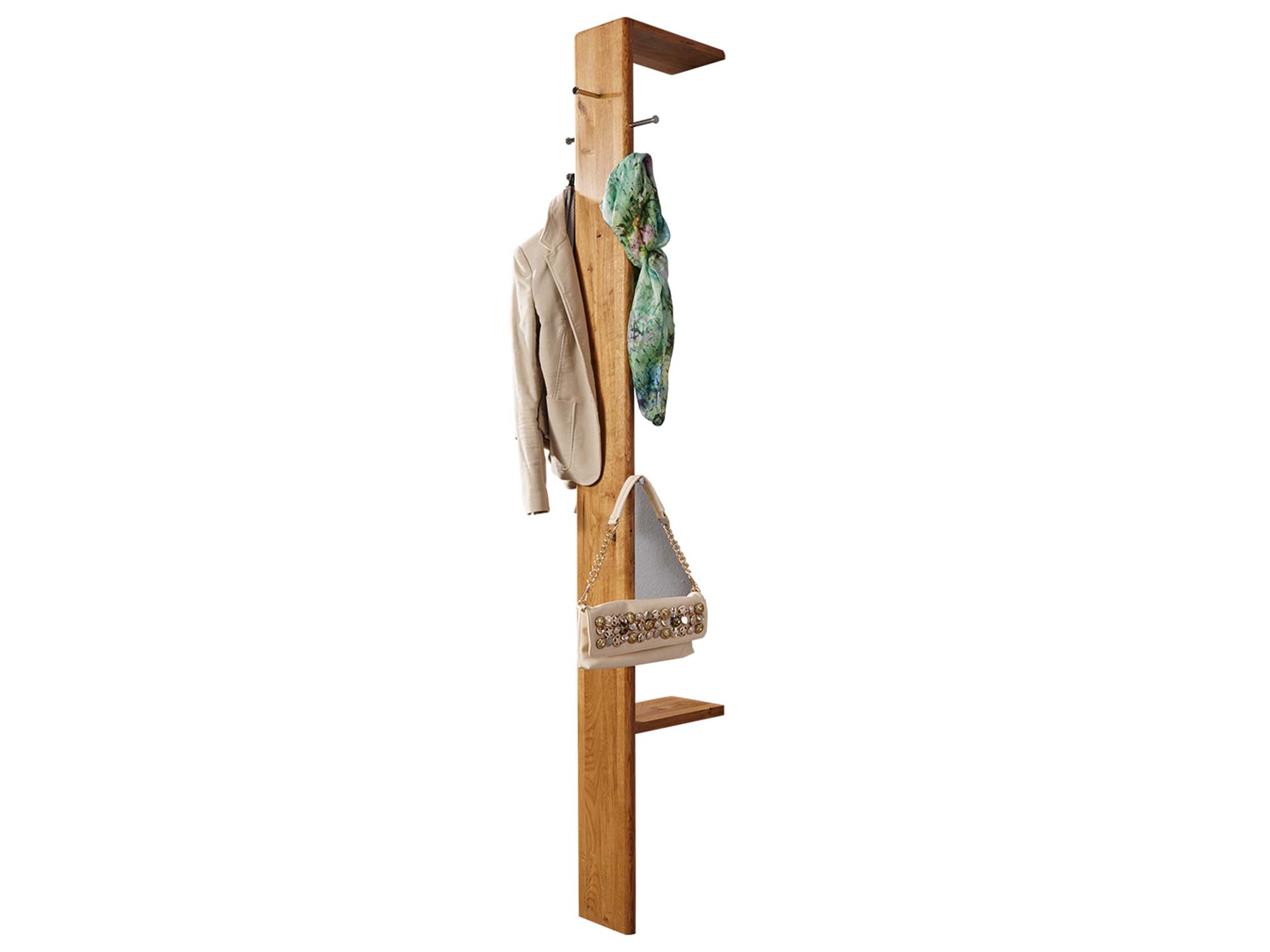 Wieszak z dębu z dwoma poziomymi prętami na odzież