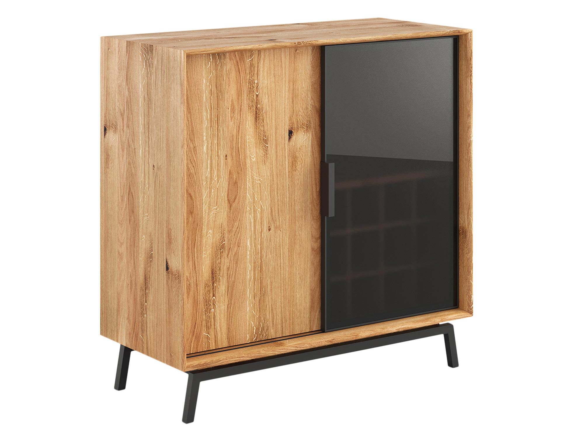 Komoda z przeszklonymi drzwiami i półkami na wino