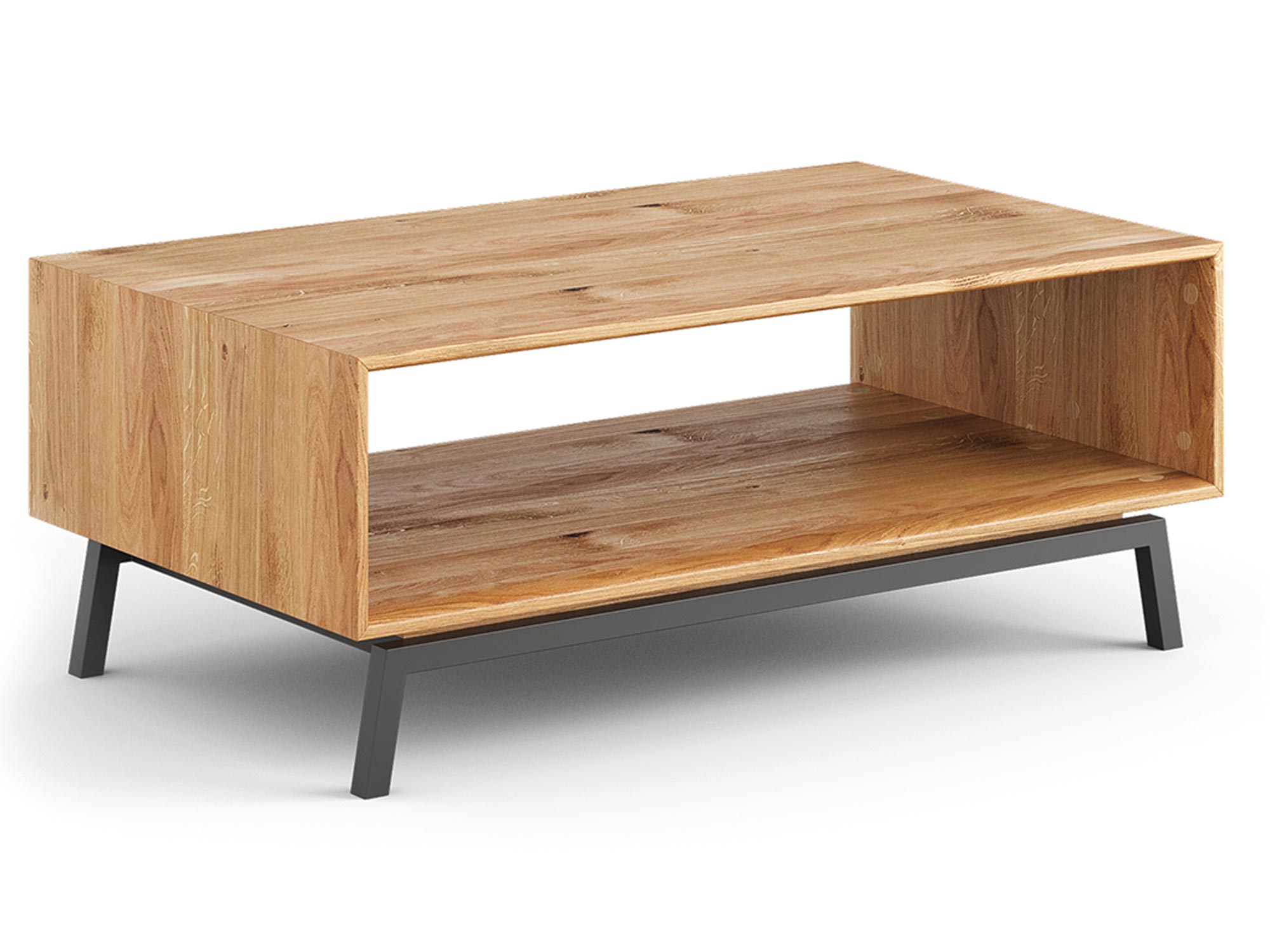 Drewniany stolik kawowy z otwartą półką i metalowymi nogami, nowoczesny styl do salonu