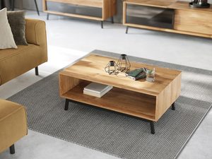 Miniatura 1 - Dřevěný konferenční stolek s otevřenou policí a kovovými nohami, moderní styl