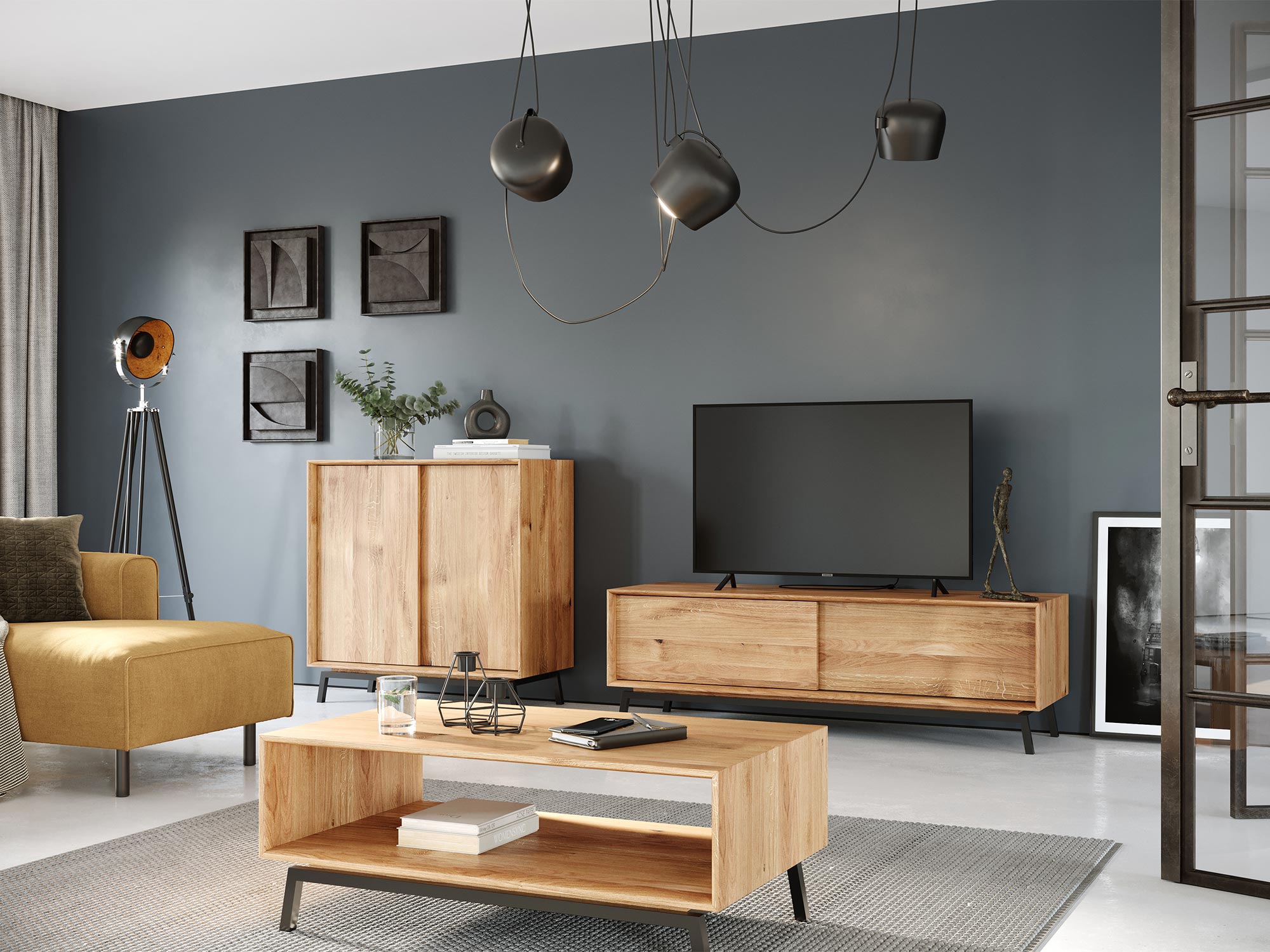 Aranżacja salonu z industrialną komodą i stolikiem kawowym