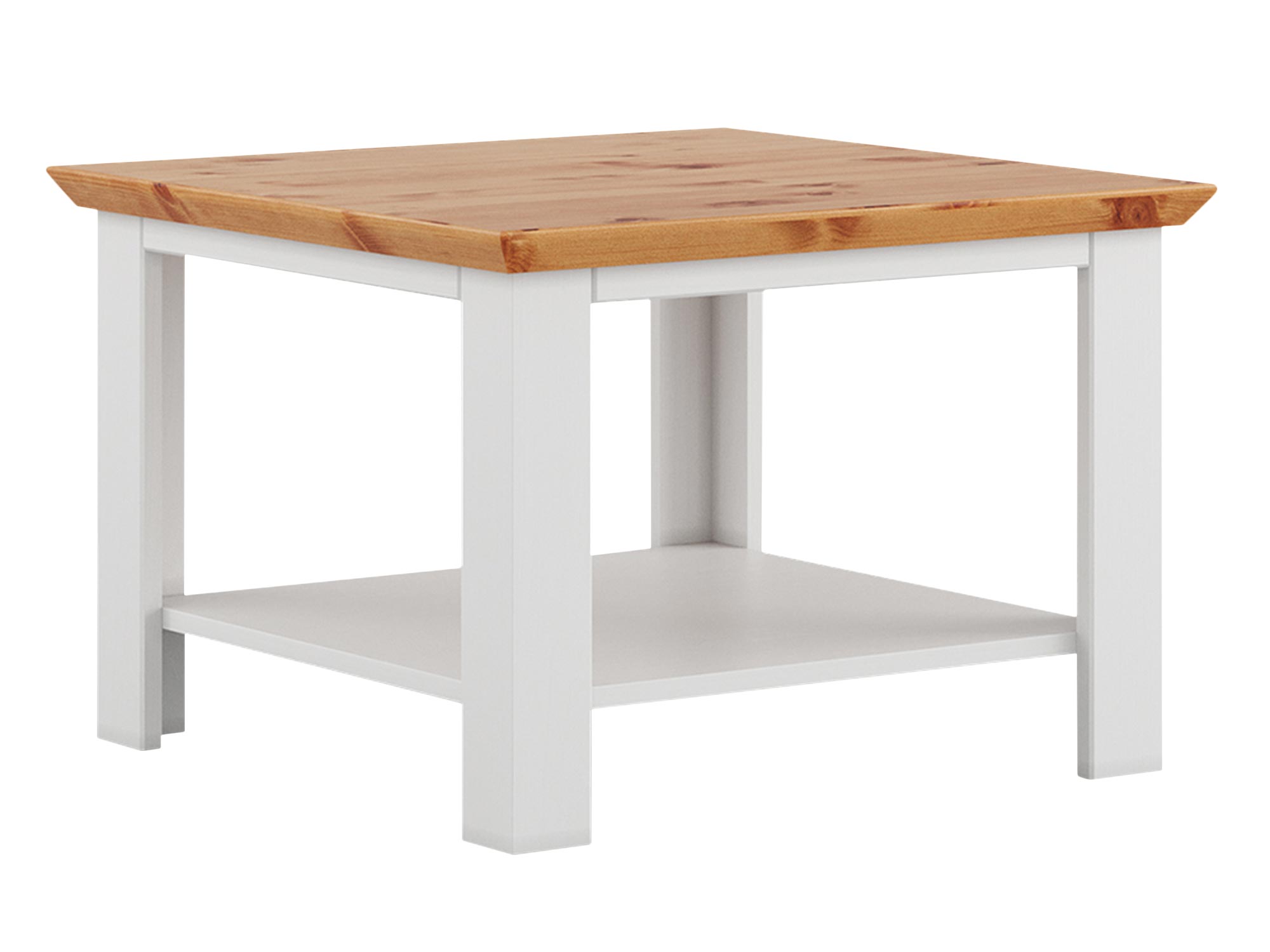 Kwadratowy stolik kawowy z drewnianym blatem i białą półką