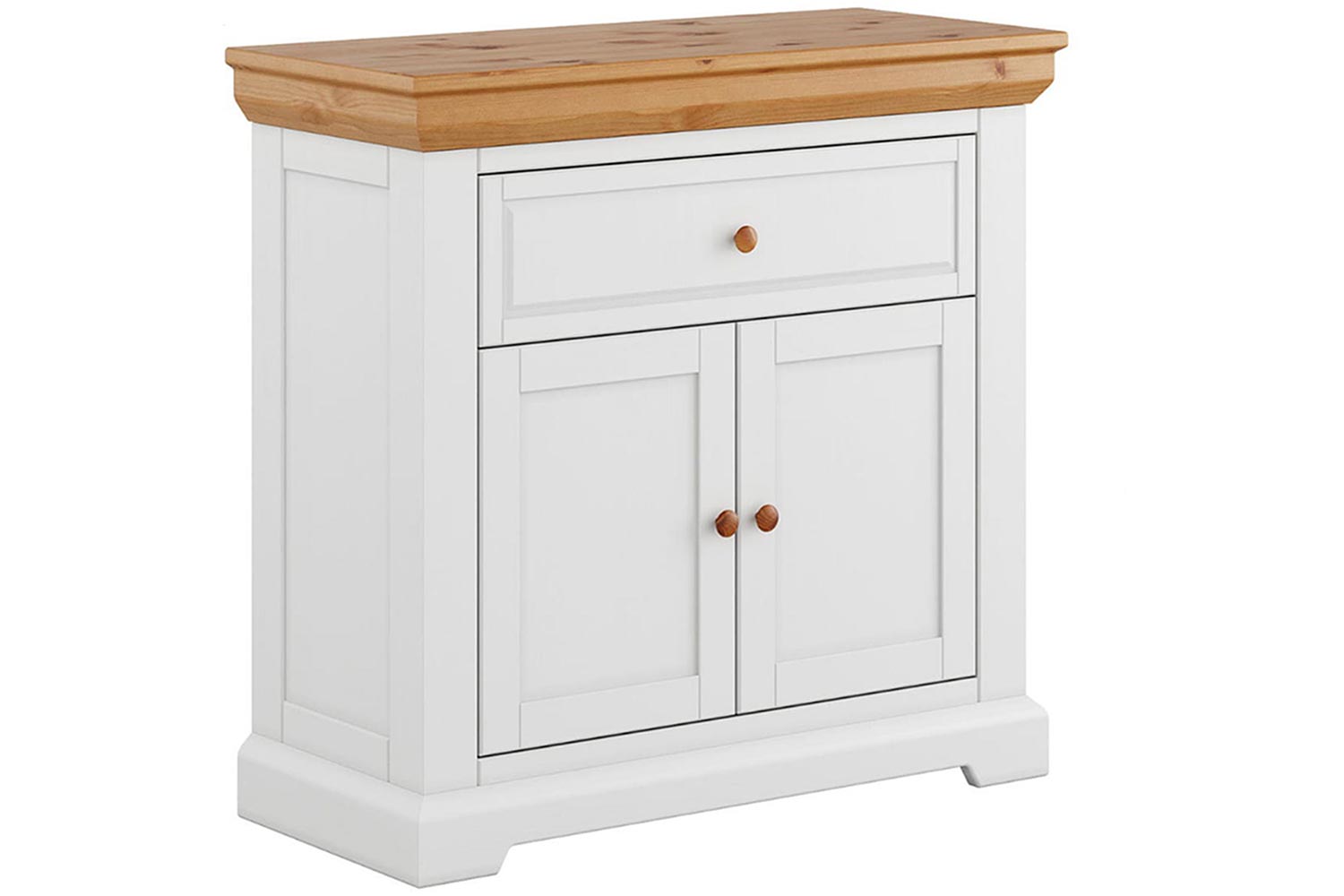 Stylowa biała komoda z drewnianym blatem do salonu