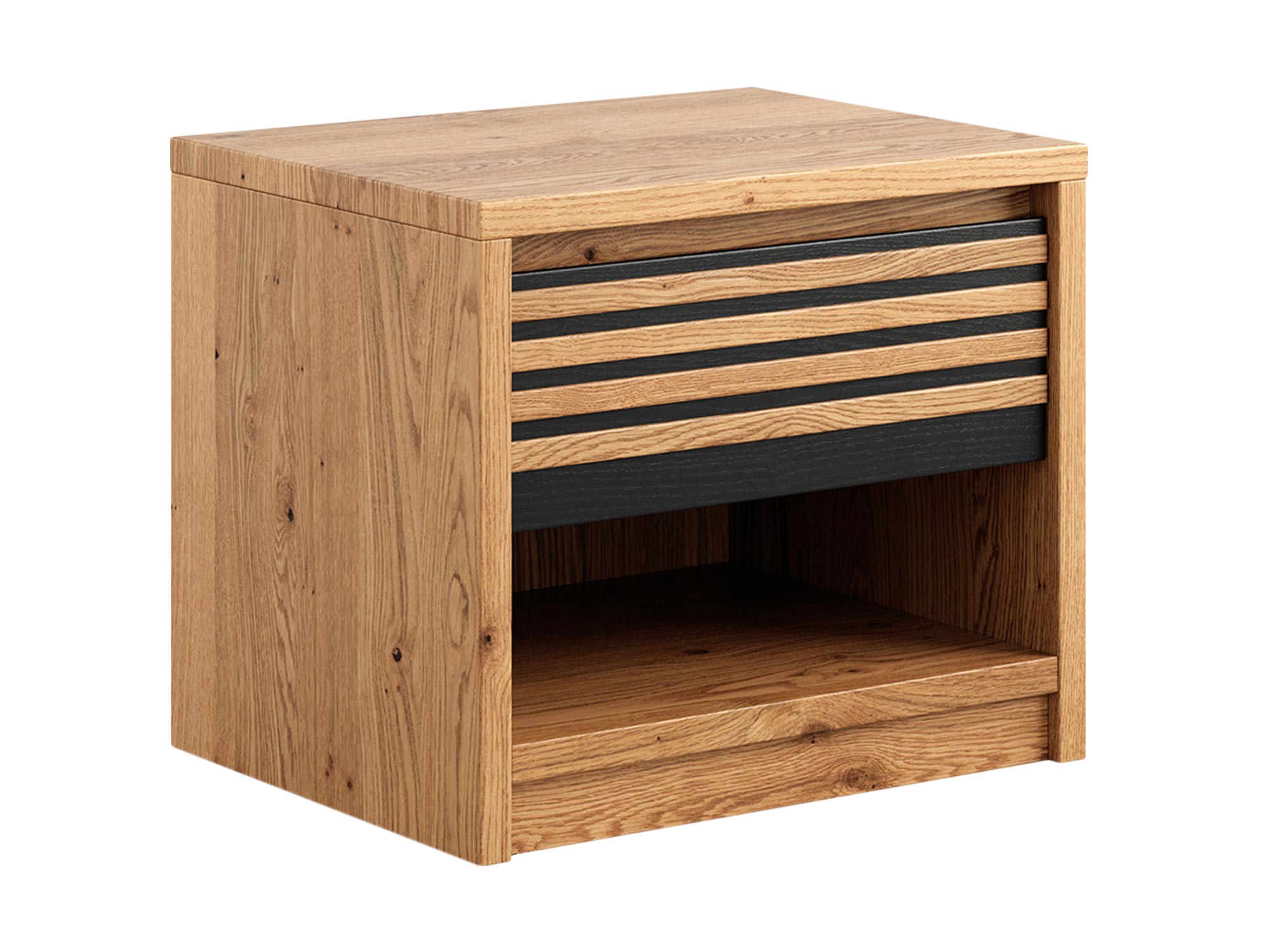 Stylowe połączenie czerni i naturalnego dębu w meblach