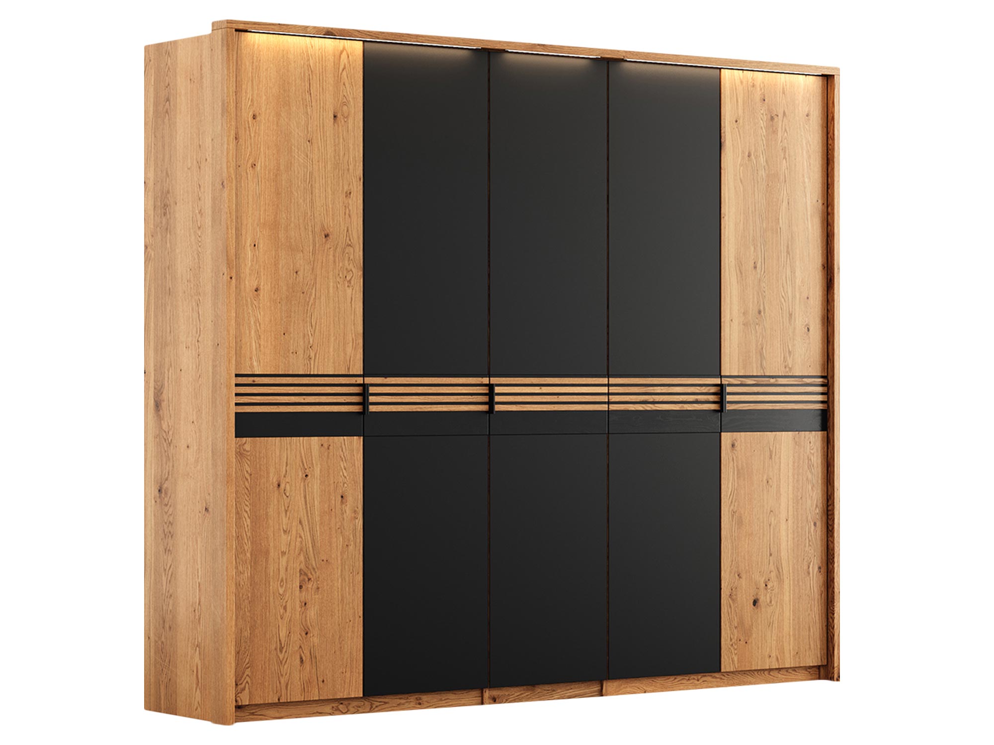 Duża szafa z drewna i czarnych paneli w stylu nowoczesnym