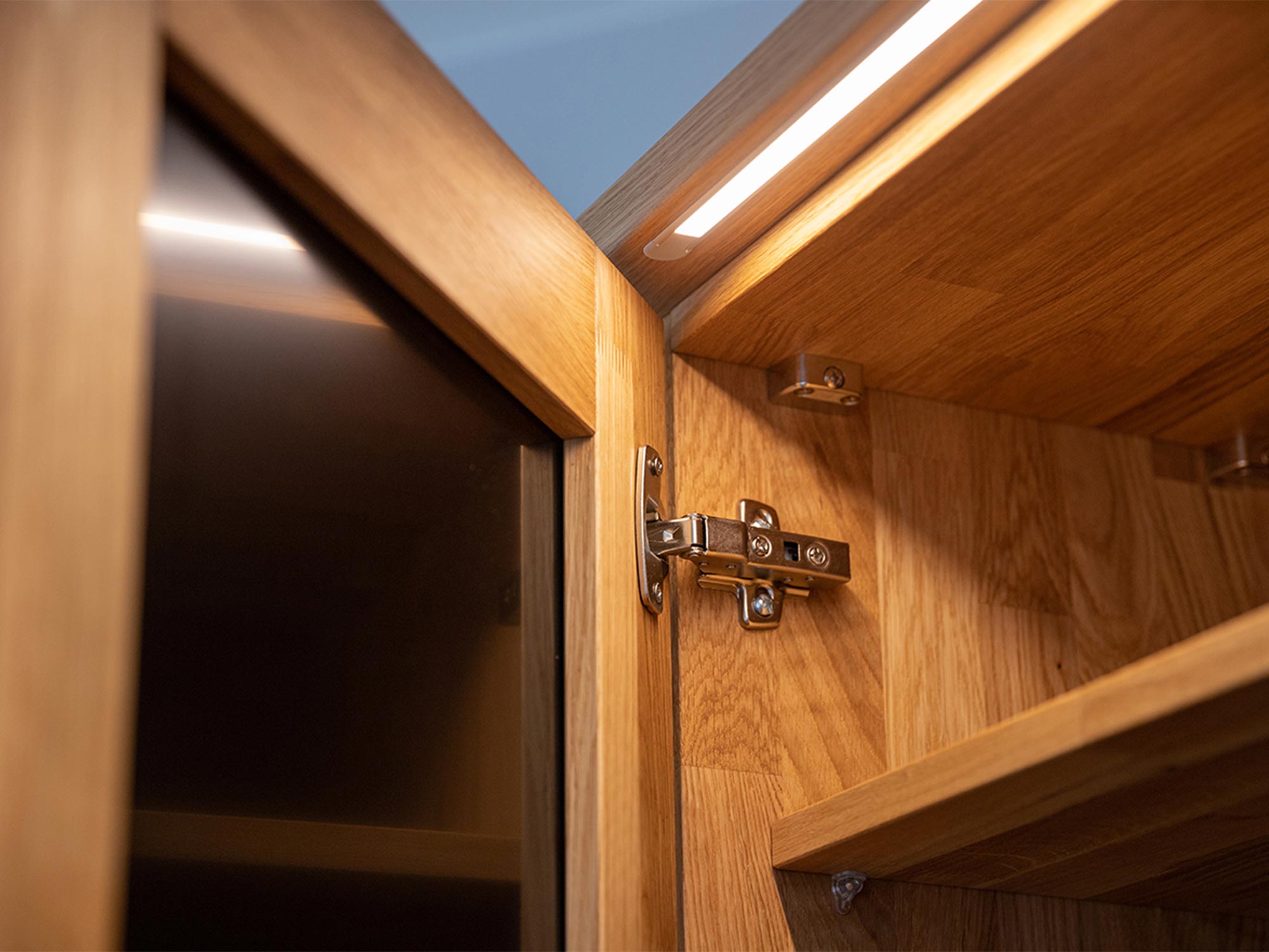 Wnętrze szafy dębowej z drzwiami i zawiasami w stylu nowoczesnym