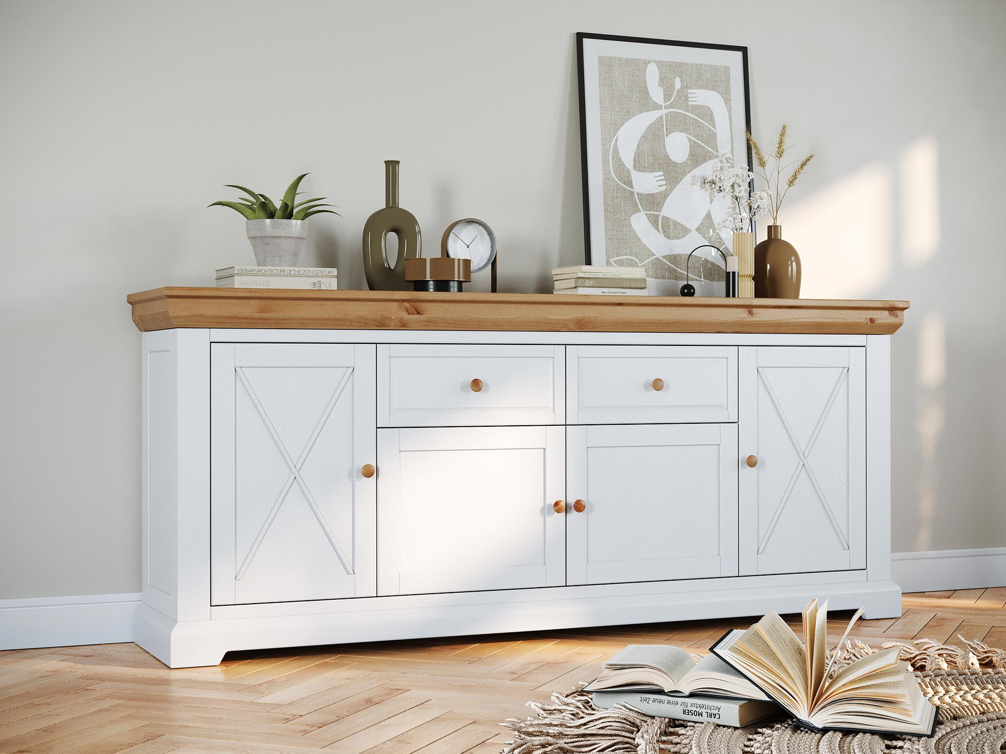 Prowansalska komoda z szufladami i blatem z sosny