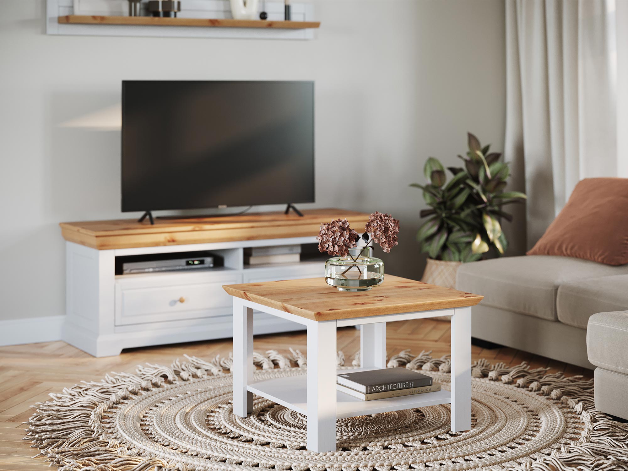 Drewniany stolik kawowy z białą podstawą i toczonymi nogami